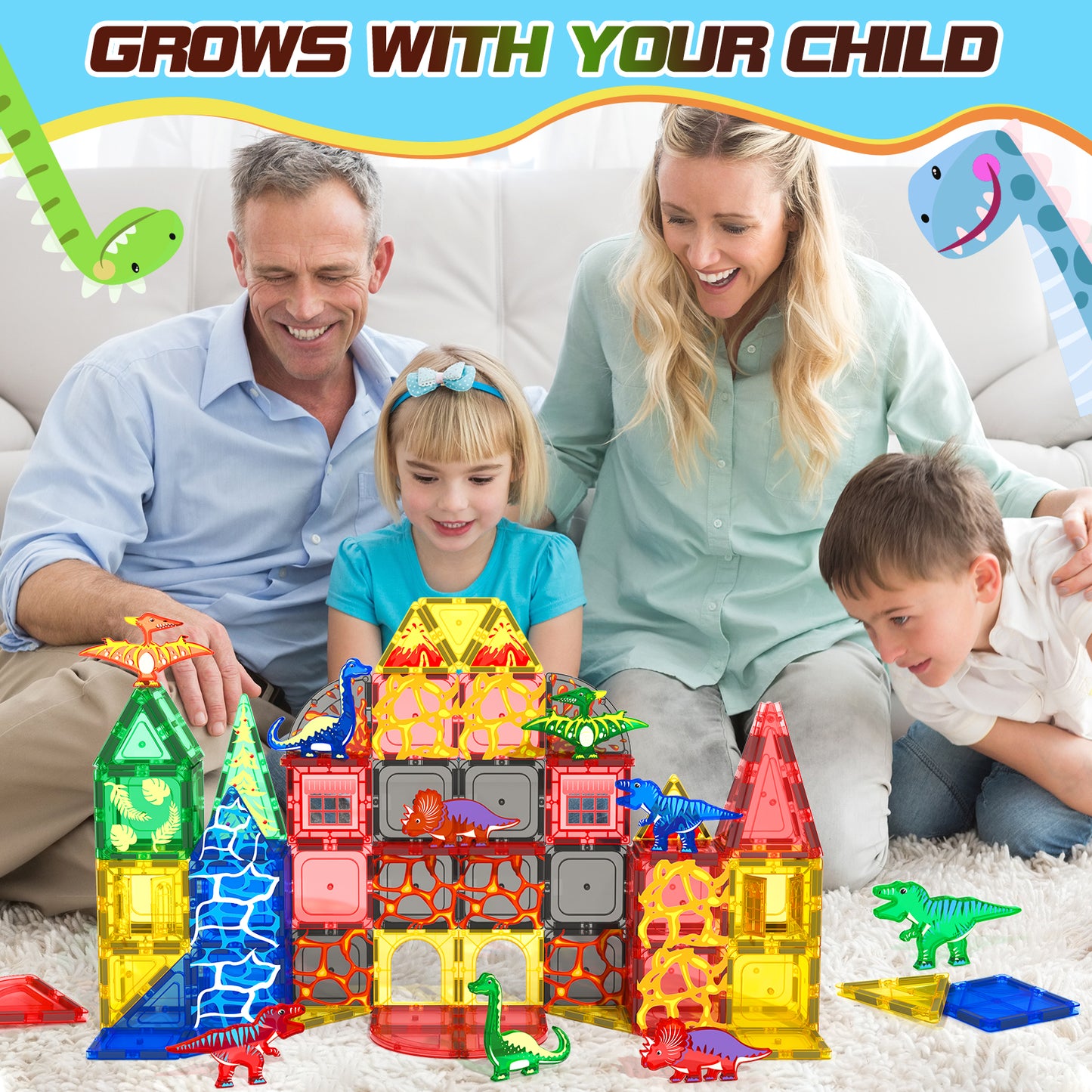 Coodoo Magnetic Tiles 102 PCS Dinosaur Toys-Jurassic Scenes Dinosaur World Adventure Set Creative Kids Games