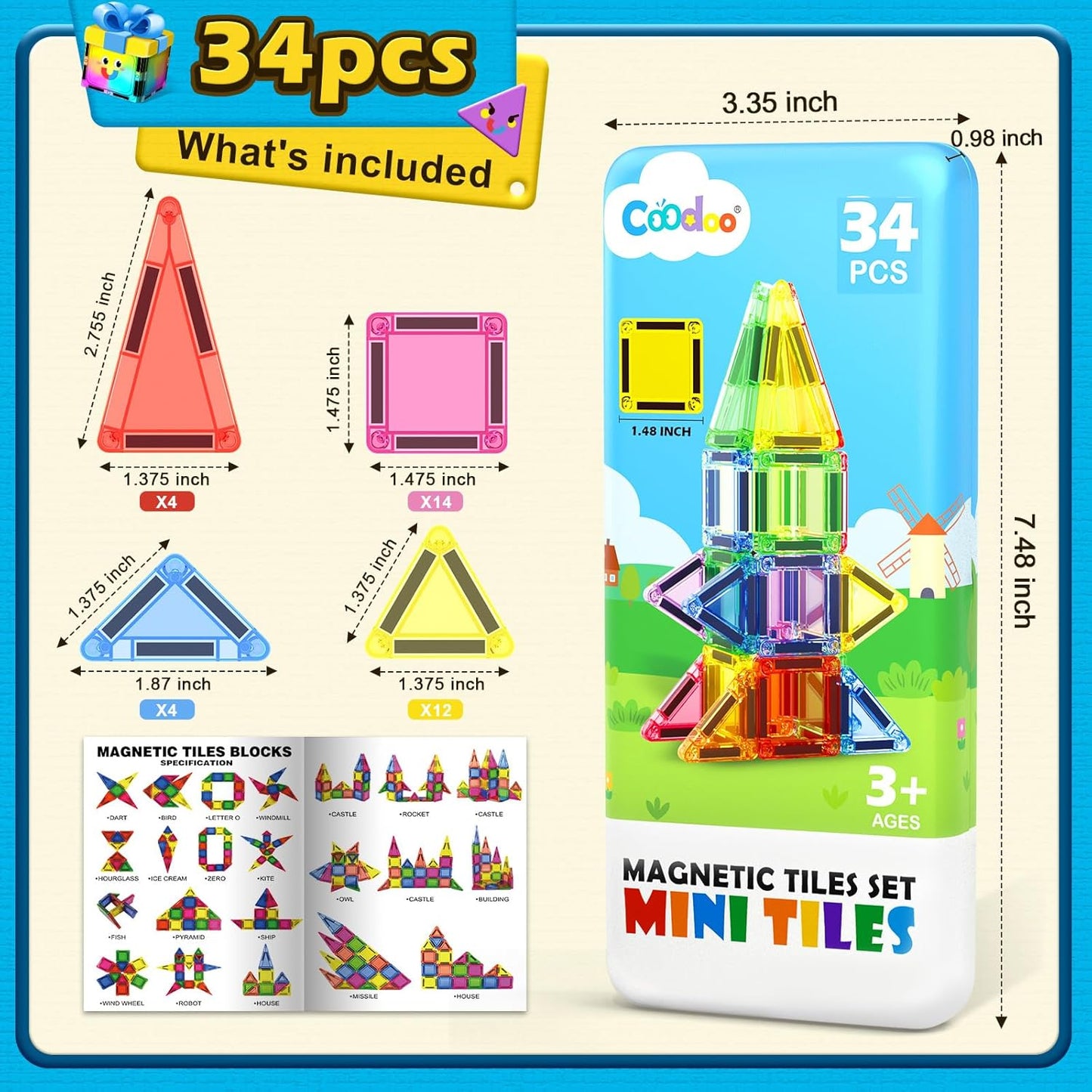 Coodoo Magnetic Tiles With Metal Tin 34 PCS Toddler Toy Building Toys Stem