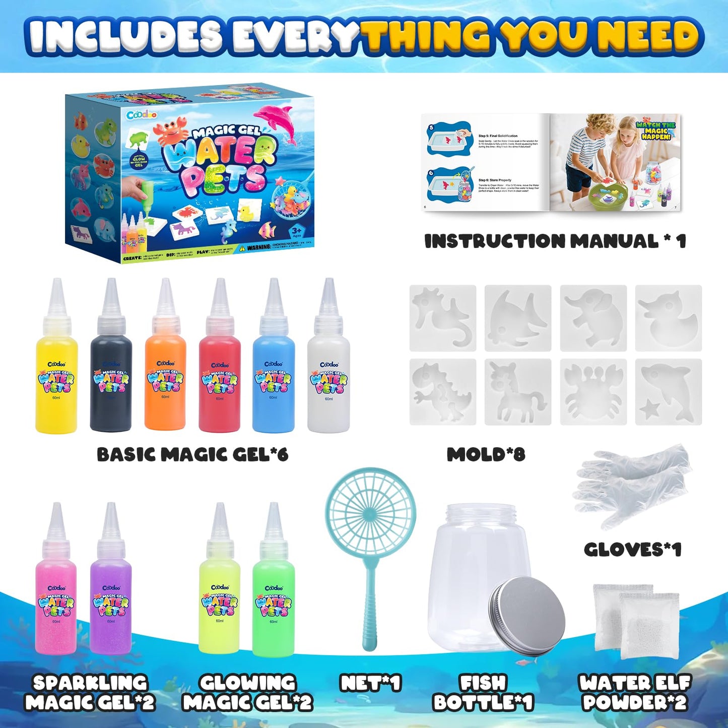 Coodoo Magic Water Elf Toy Craft Kits for Kids, DIY Your Own Aqua Fairy Water Pets & Squishy Maker Toys with 10 Magic Gels and 8 Molds