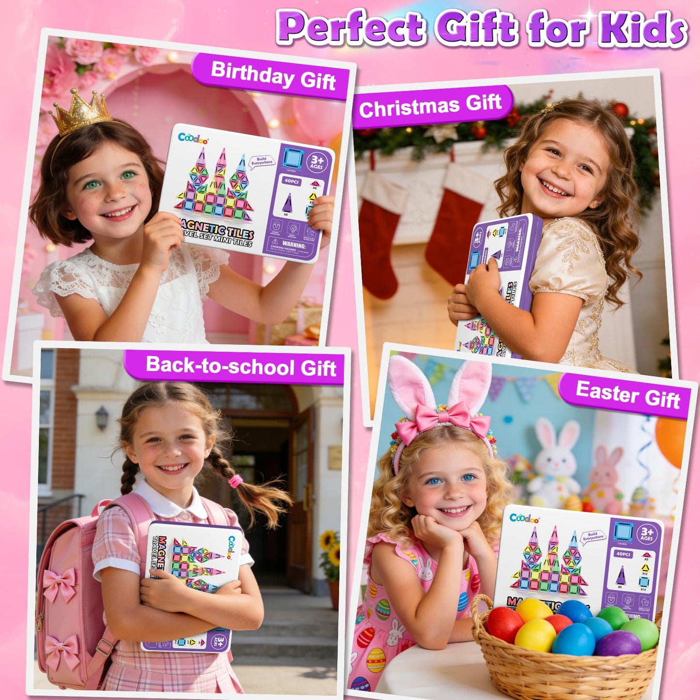 Coodoo Magnetic Tiles Mini Travel Set for Kids 40 PCS Building Toys Preschool Montessori Education STEM Sensory Toys