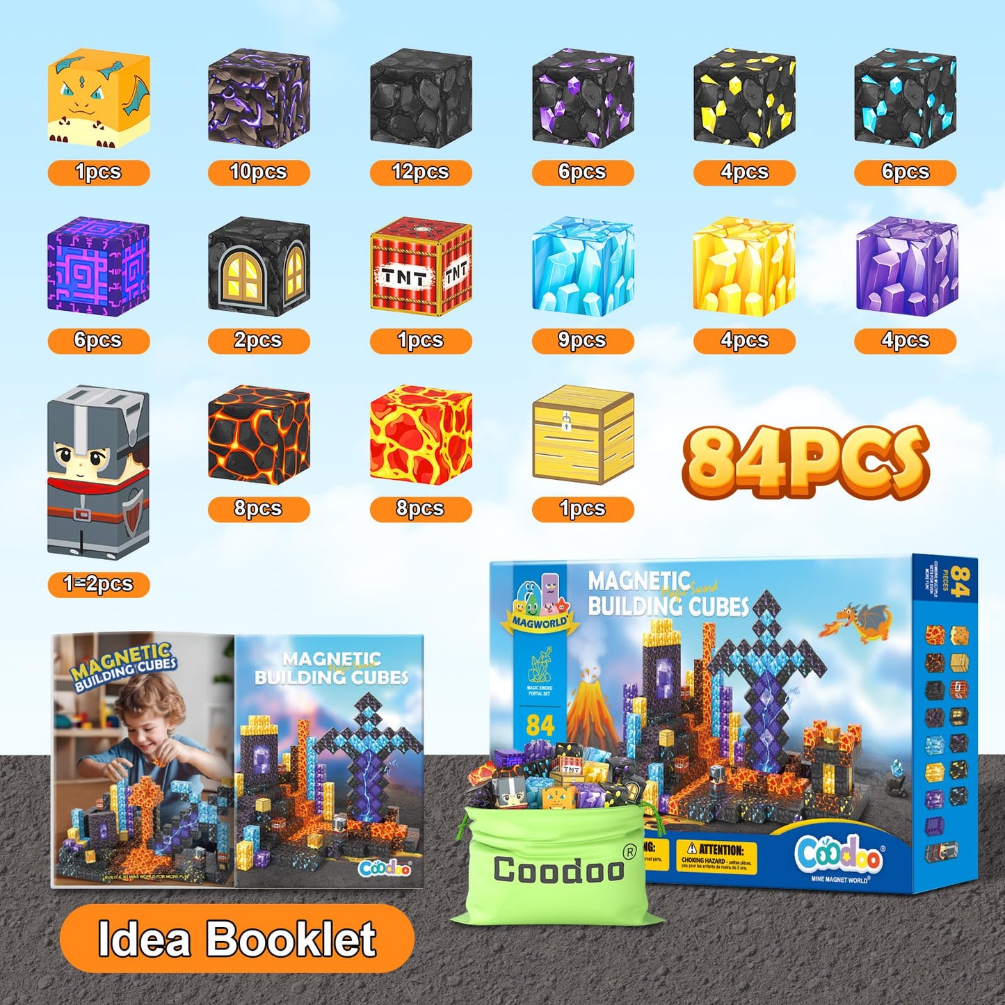 Coodoo Magnetic Blocks 84 PCS Build Mine Magnet World Magic Sword Portal Set Kids Games Gift for Boys & Girls