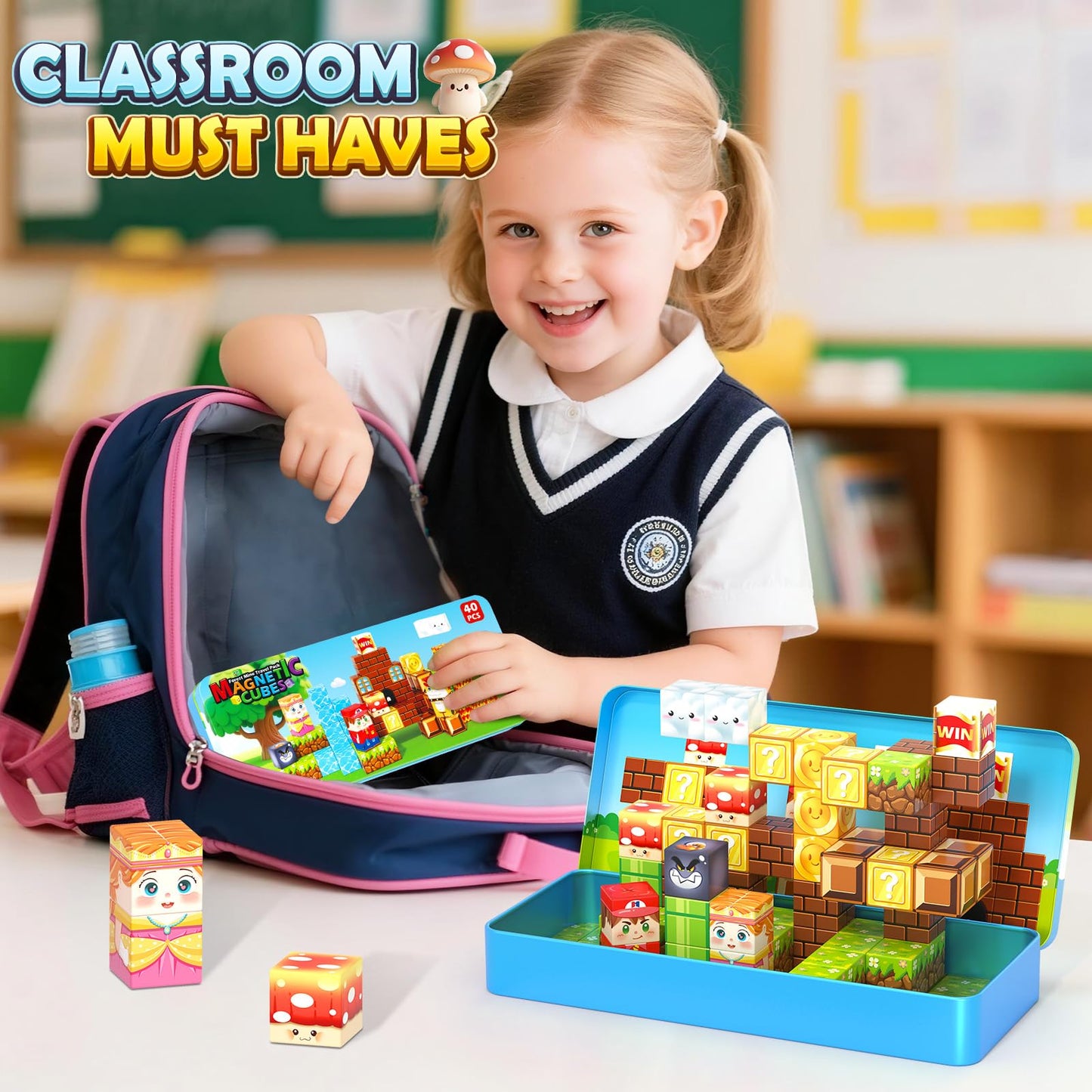 Coodoo Magnetic Blocks Travel Toys with Portable Metal Tin 40 PCS STEM Learning & Sensory Fun