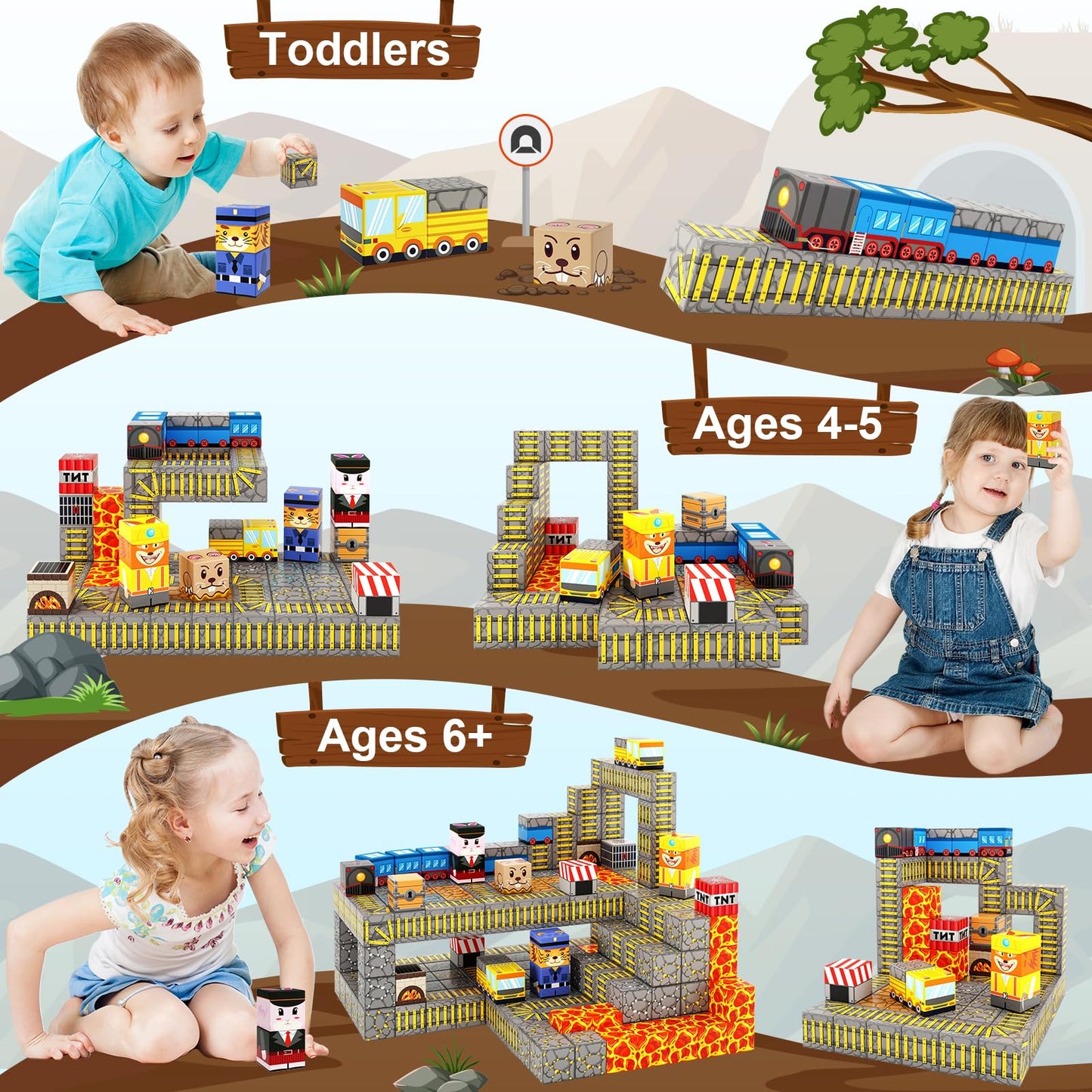 Coodoo Magnetic Blocks Build Mine Magnet World Mine Train Track Set Toys for Kids 3+