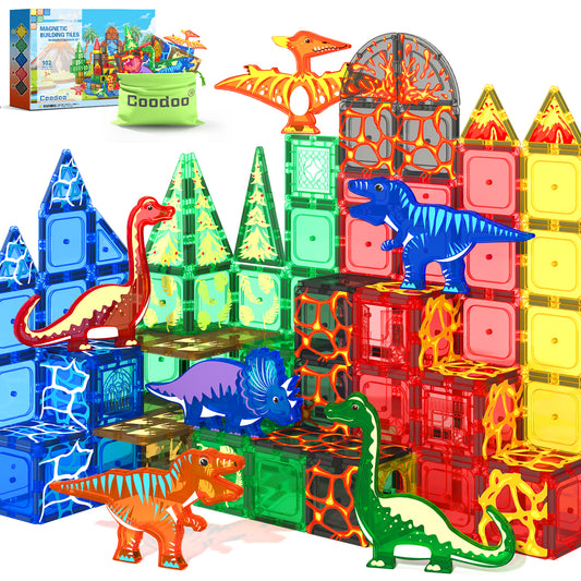Coodoo Magnetic Tiles 102 PCS Dinosaur Toys-Jurassic Scenes Dinosaur World Adventure Set Creative Kids Games