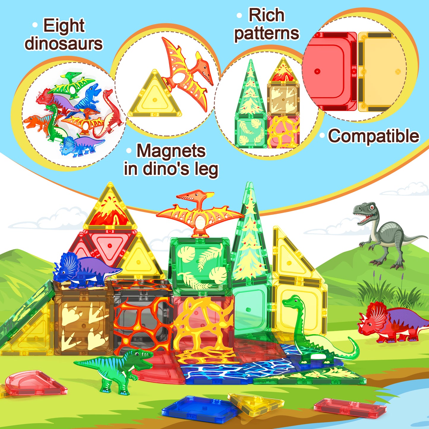 Coodoo Magnetic Tiles 102 PCS Dinosaur Toys-Jurassic Scenes Dinosaur World Adventure Set Creative Kids Games