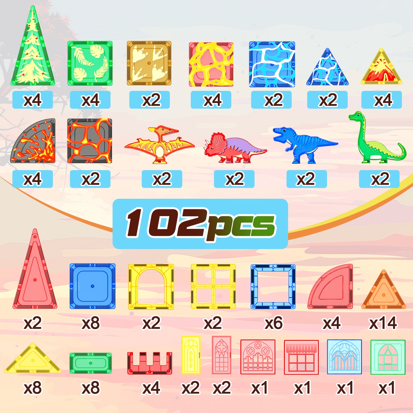 Coodoo Magnetic Tiles 102 PCS Dinosaur Toys-Jurassic Scenes Dinosaur World Adventure Set Creative Kids Games