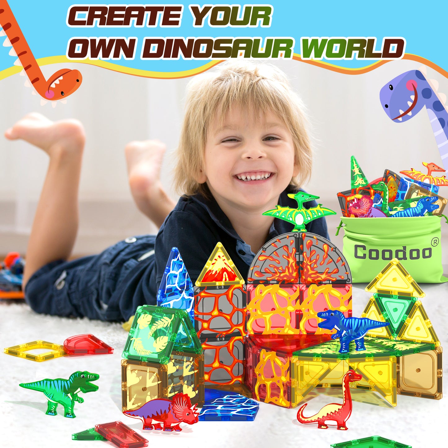 Coodoo Magnetic Tiles 102 PCS Dinosaur Toys-Jurassic Scenes Dinosaur World Adventure Set Creative Kids Games