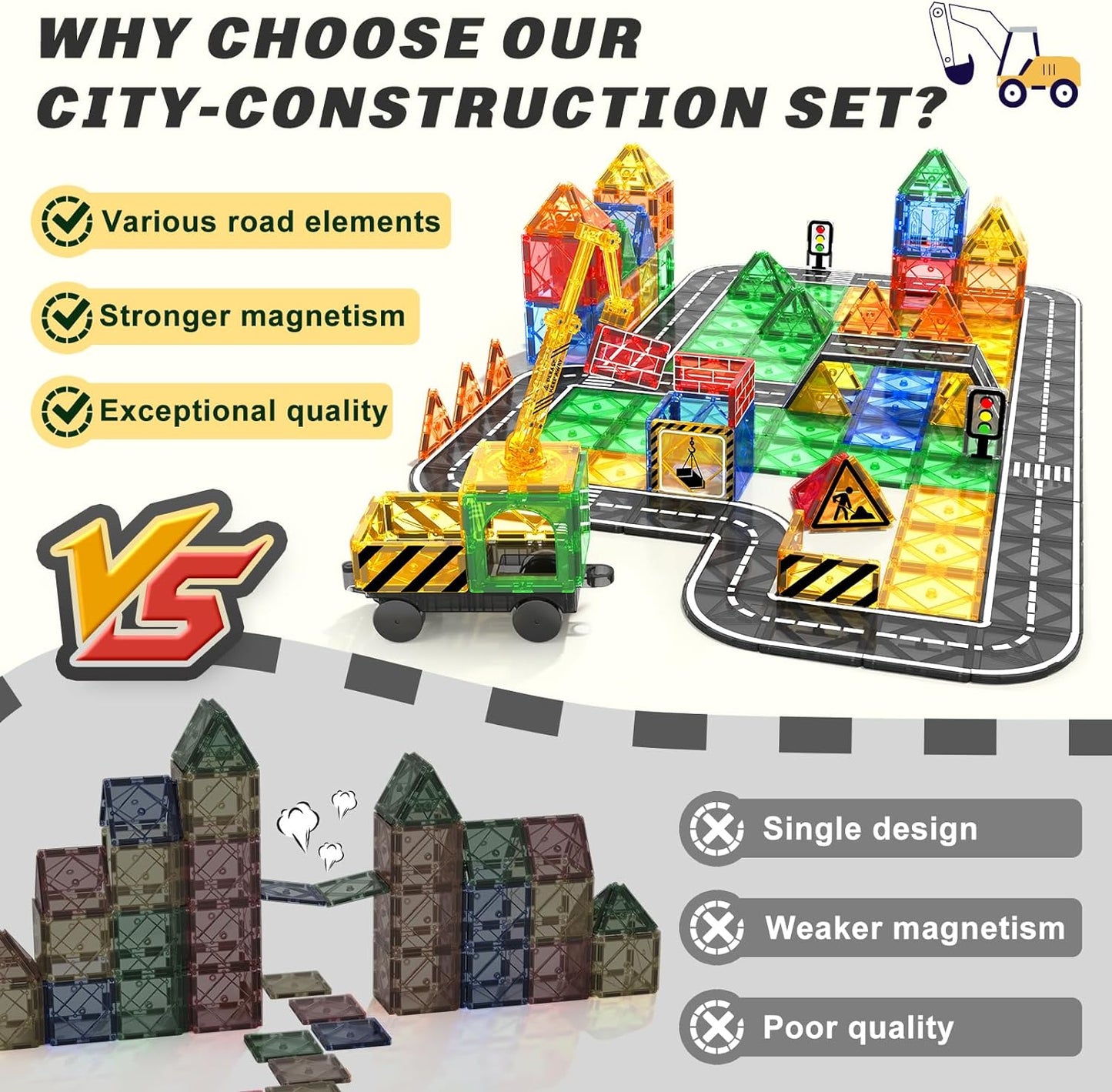 Coodoo Kids Games Magnetic Tiles Road Set with Extendable Magnetic Crane 40 PCS, City Construction Building Toys for Toddlers STEM Preschool Ages 3+