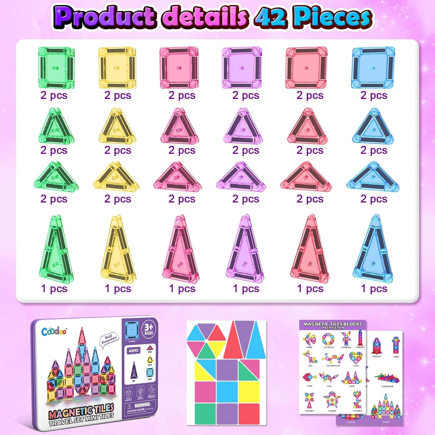 Coodoo Mini Magnetic Tiles Set with Iron Box, Travel Essentials Portable Magnet Building Blocks, Montessori Educational Sensory Toys for Toddlers 3+ Boys Girls Birthday Gift Classroom Must Haves