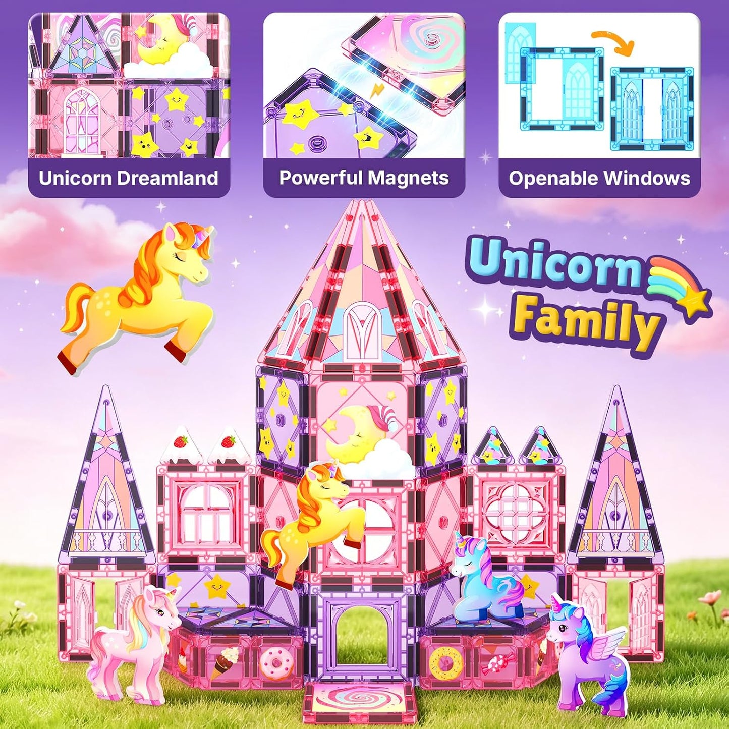 Coodoo Magnetic Tiles Unicorn Toys for Girls Kids, Princess Magnetic Blocks Castle
