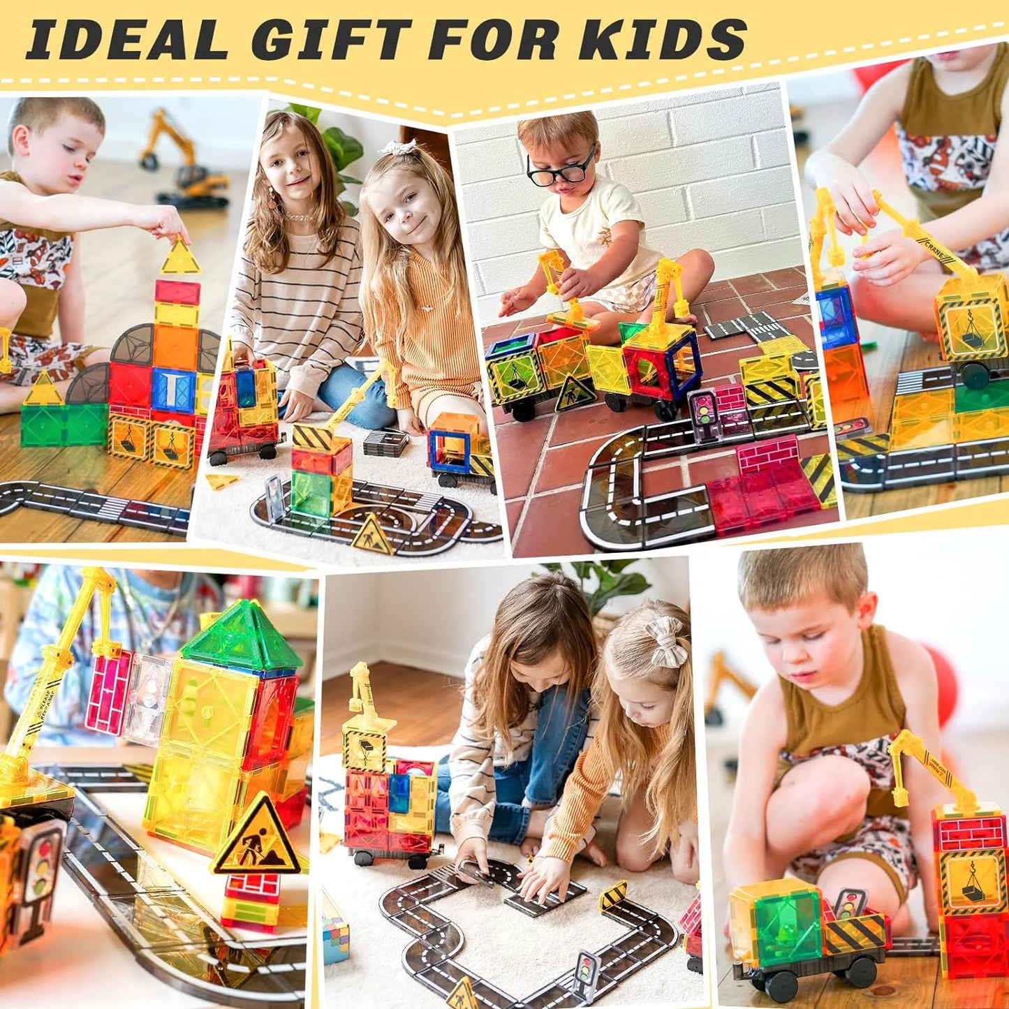 Coodoo Kids Games Magnetic Tiles Road Set with Extendable Magnetic Crane 40 PCS, City Construction Building Toys for Toddlers STEM Preschool Ages 3+