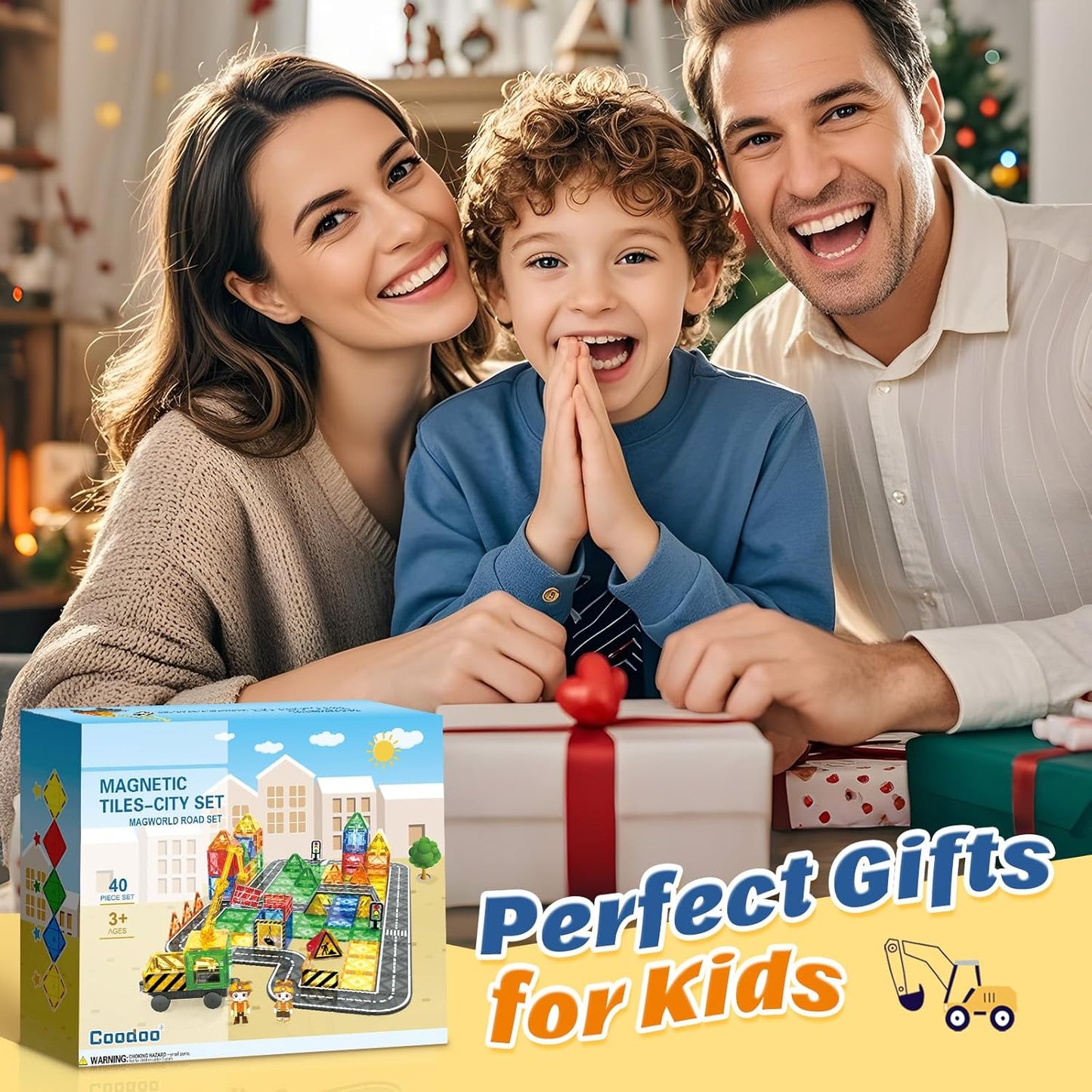 Coodoo Kids Games Magnetic Tiles Road Set with Extendable Magnetic Crane 40 PCS, City Construction Building Toys for Toddlers STEM Preschool Ages 3+