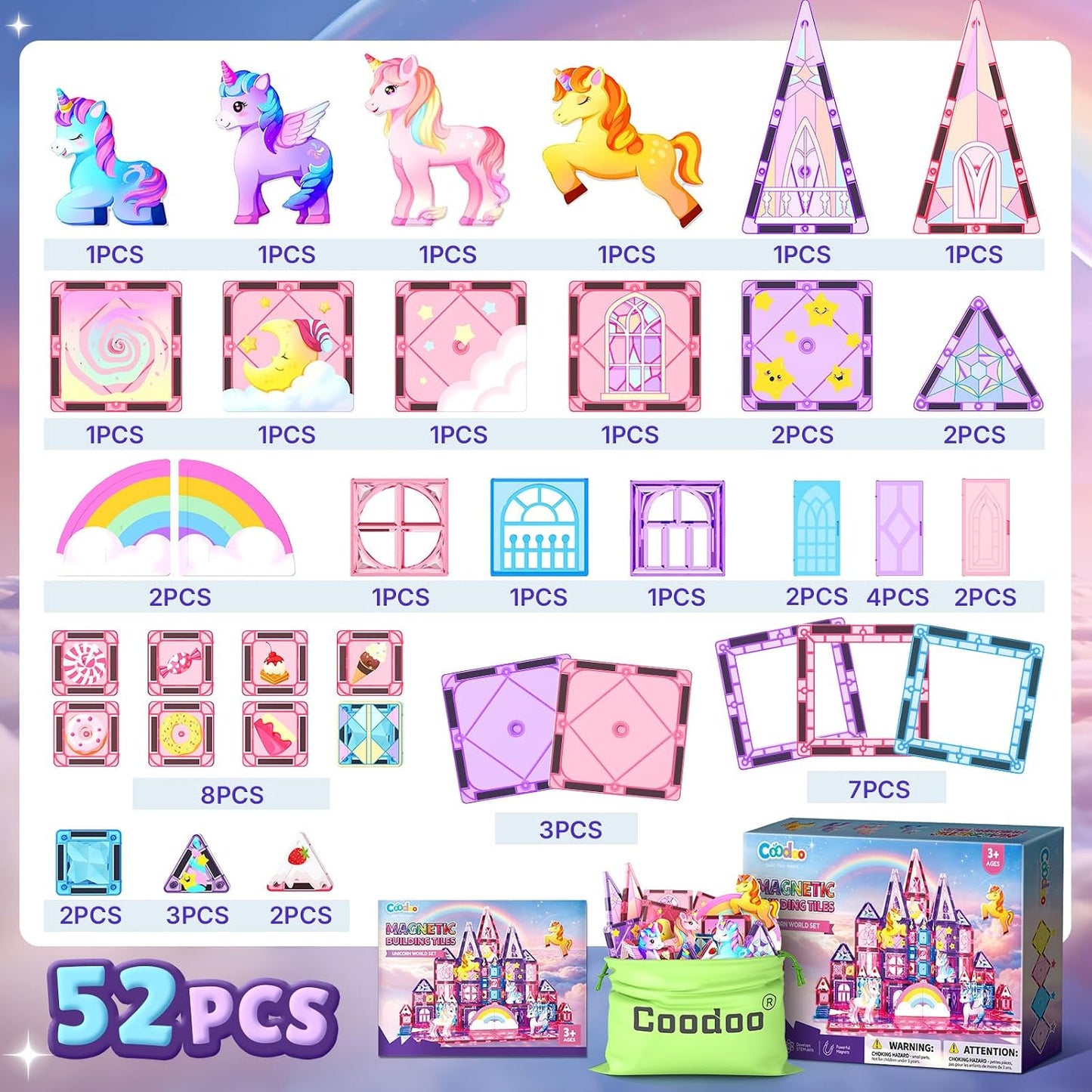 Coodoo Magnetic Tiles Unicorn Toys for Girls Kids, Princess Magnetic Blocks Castle