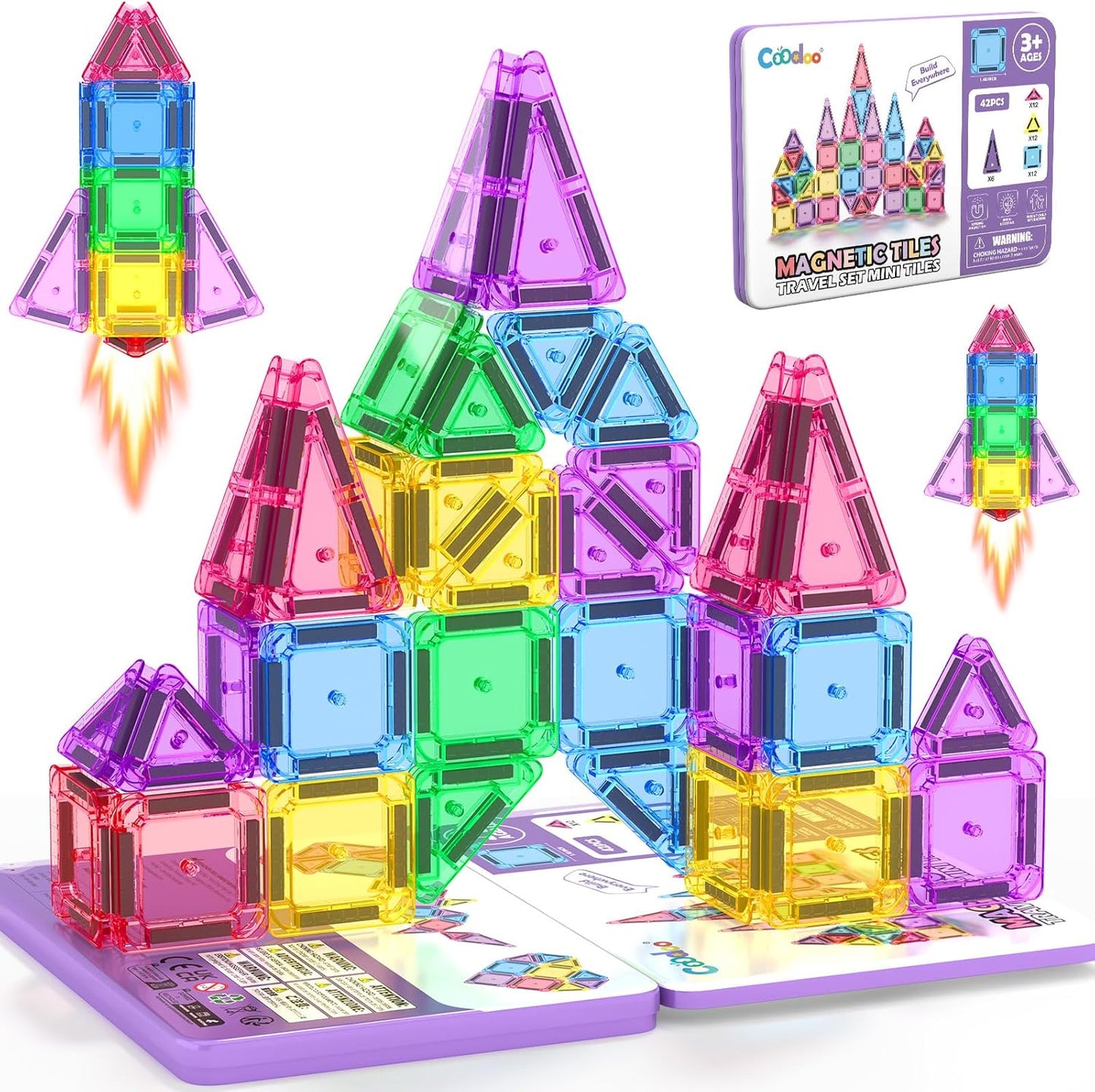 Coodoo Mini Magnetic Tiles Set with Iron Box, Travel Essentials Portable Magnet Building Blocks, Montessori Educational Sensory Toys for Toddlers 3+ Boys Girls Birthday Gift Classroom Must Haves