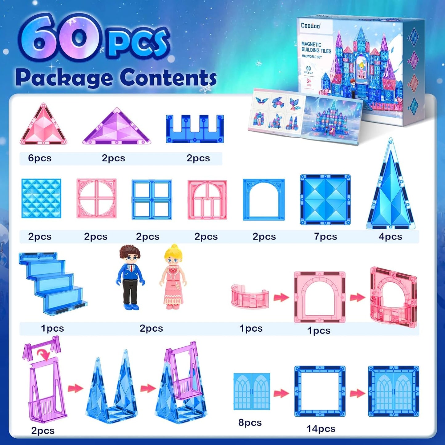 Coodoo Diamond Magnetic Tiles & Building Blocks 60 PCS — Princess Toys for Girls & Boys Birthday & Xmas Present
