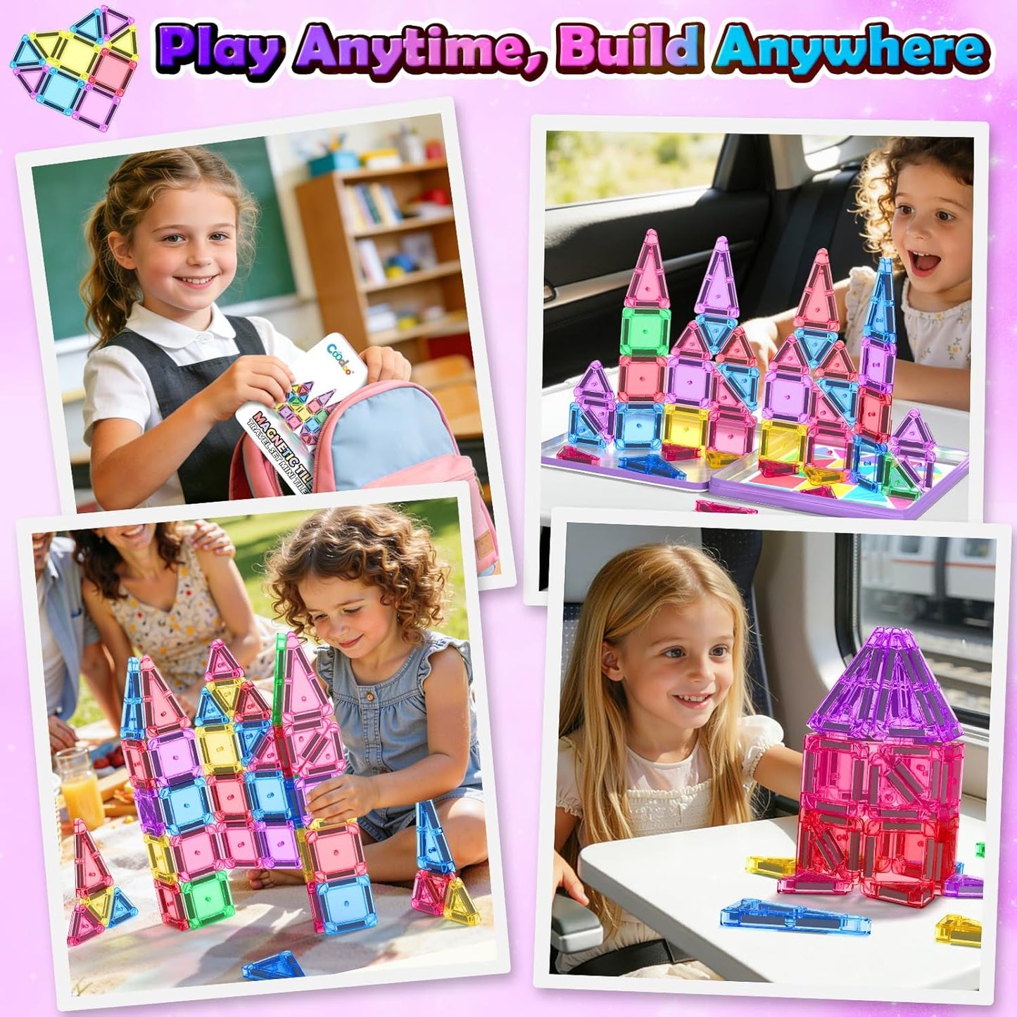 Coodoo Mini Magnetic Tiles Set with Iron Box, Travel Essentials Portable Magnet Building Blocks, Montessori Educational Sensory Toys for Toddlers 3+ Boys Girls Birthday Gift Classroom Must Haves