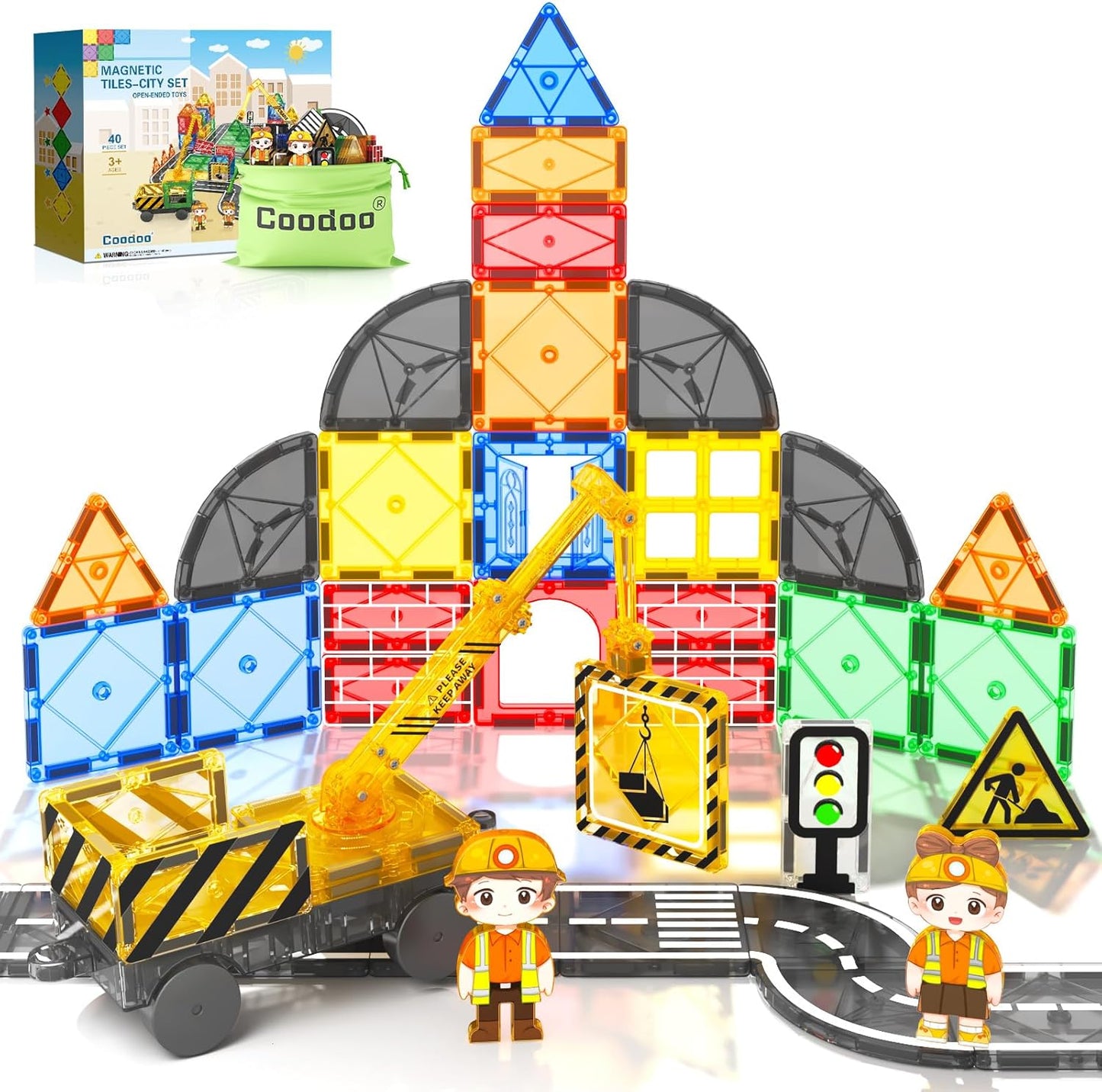 Coodoo Kids Games Magnetic Tiles Road Set with Extendable Magnetic Crane 40 PCS, City Construction Building Toys for Toddlers STEM Preschool Ages 3+