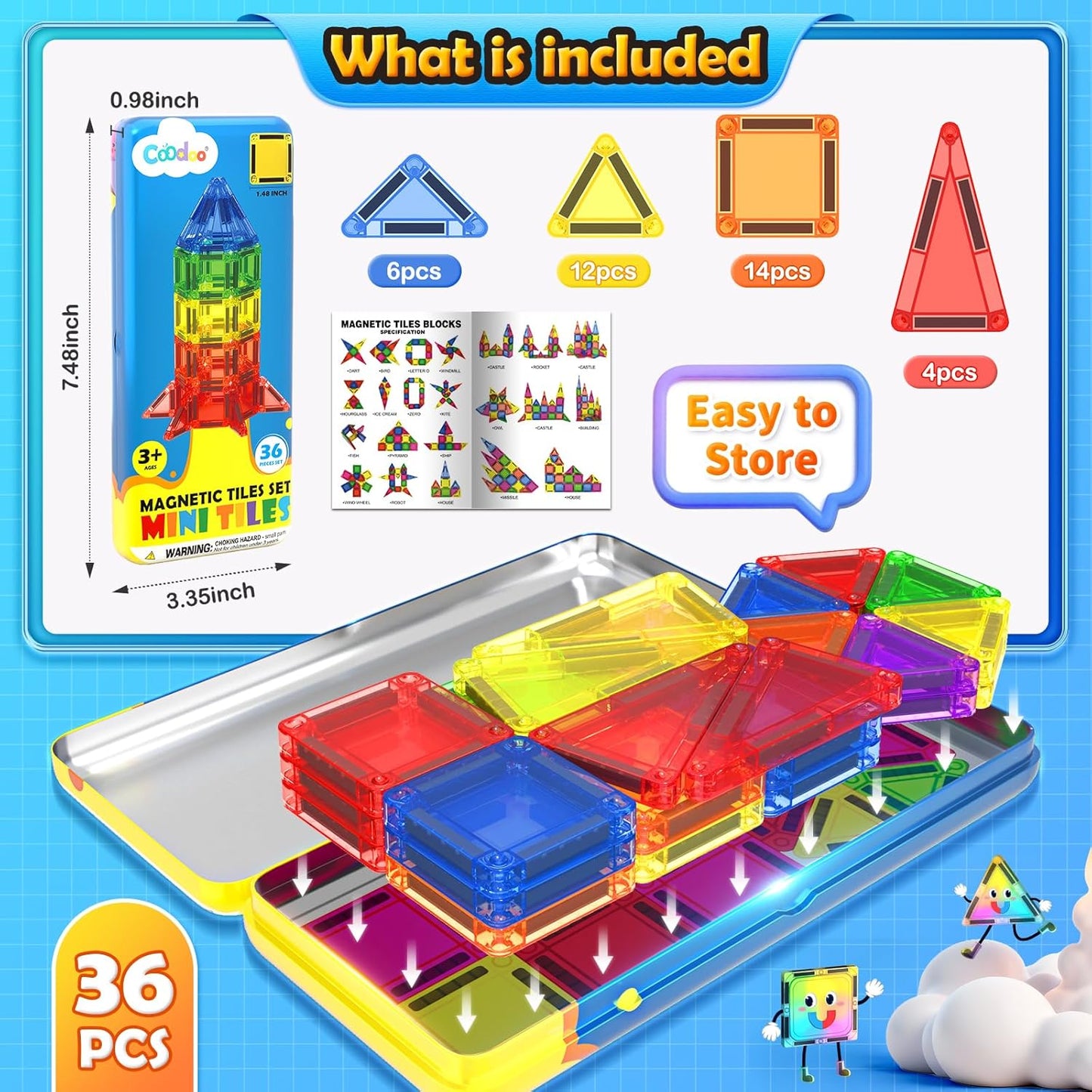 Magnetic Tiles Travel Essential Toys Mini Travel Toddler Set, 36PCS Magnetic Blocks Building Kids Toys, Montessori Preschool Classroom Must Haves Educational STEM Toys for 3+ Year Old Boys Girls