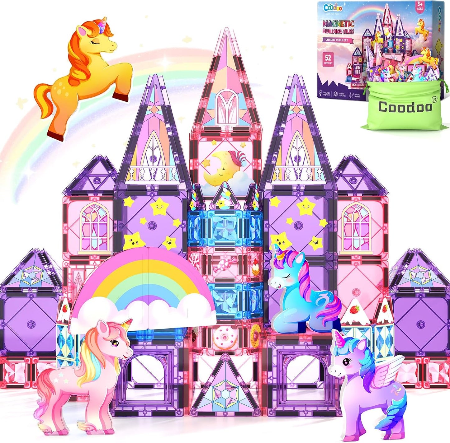 Coodoo Magnetic Tiles Unicorn Toys for Girls Kids, Princess Magnetic Blocks Castle