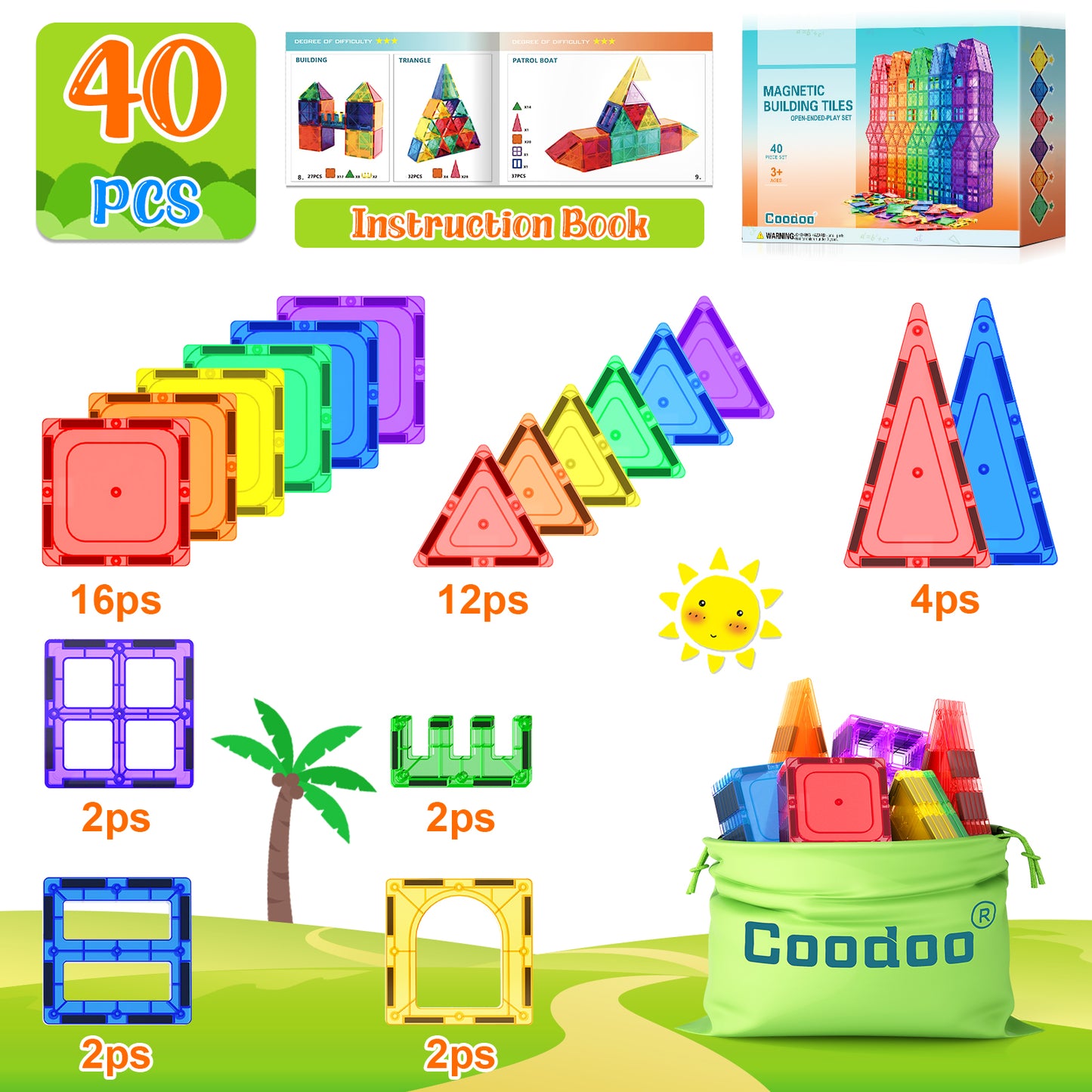 Coodoo Magnetic Tiles Kids Toys STEM Magnet Toy Magnetic Blocks Building Preschool Learning Sensory Montessori Toys for 3+ Year Old Safe Creativity Toddler Kids Toy 40PCS