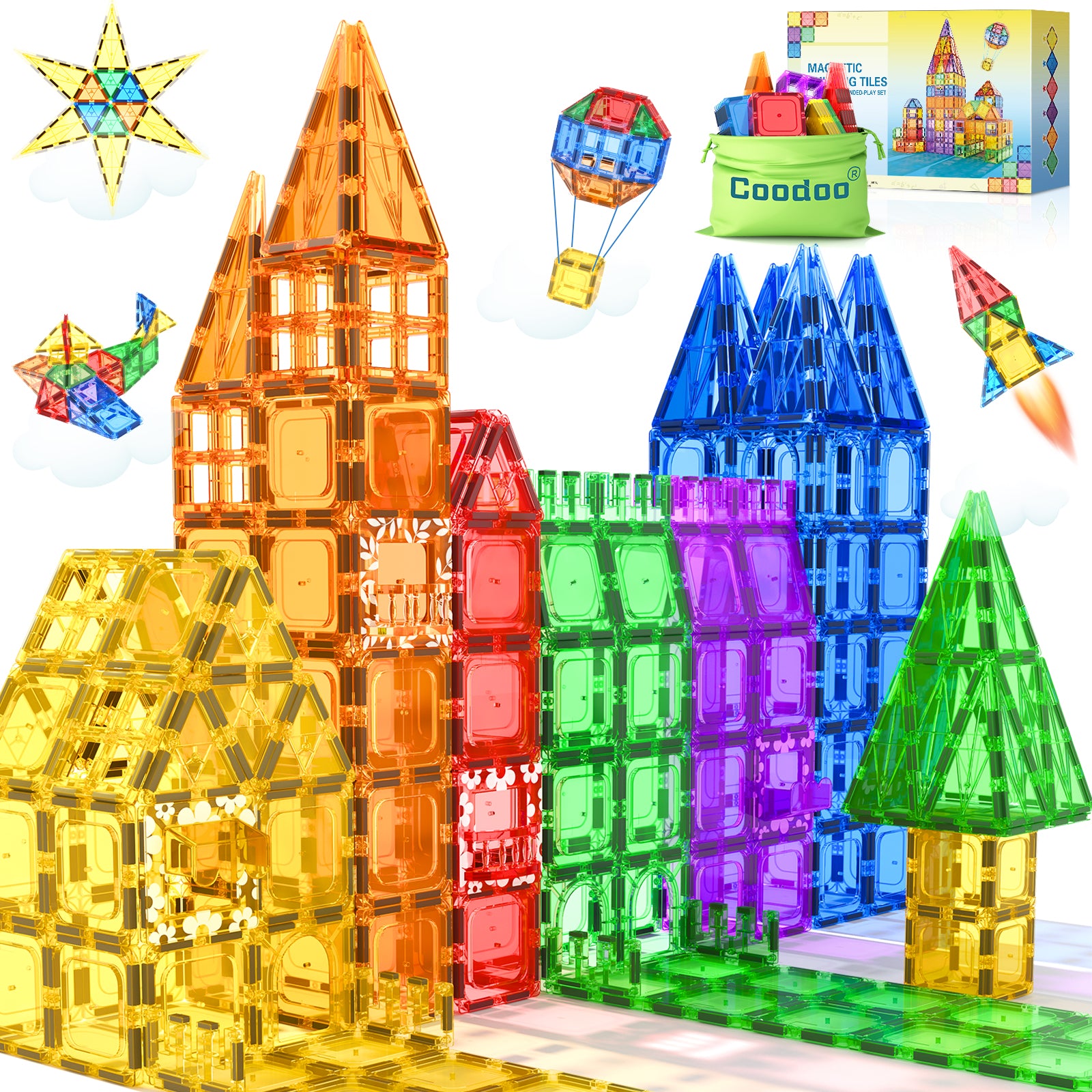 Coodoo Magnetic Tiles 60 PCS Kids Toys STEM Sensory Toys Preschool Kin ...