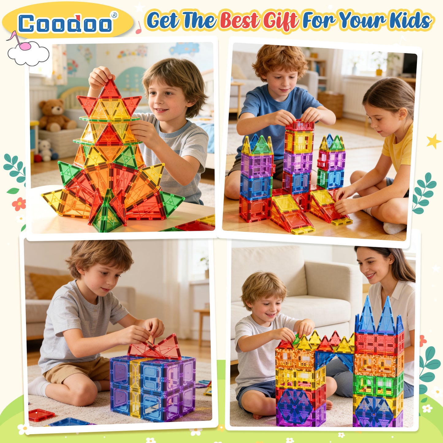 Coodoo Magnetic Tiles 60 PCS Kids Toys STEM Sensory Toys Preschool Kindergarten Toddler Toy