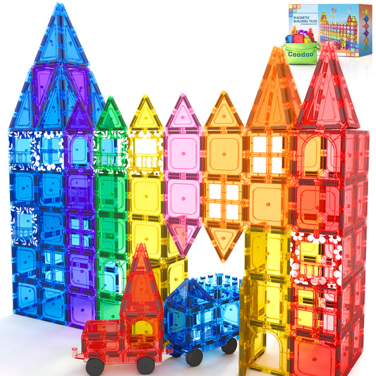 Coodoo Magnetic Tiles 100 PCS STEM Building Toys Set with 2 Cars, Preschool Montessori Toys Christmas and Birthday Gifts