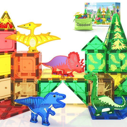 Coodoo Magnetic Tiles Dinosaur Toys Lava World Set 48 PCS STEM Sensory Outdoor Toys for Toddlers
