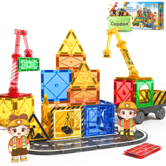 Coodoo Kids Games Magnetic Tiles with 2 Cranes 38 PCS Construction Set Sensory Toys for Boys Girls