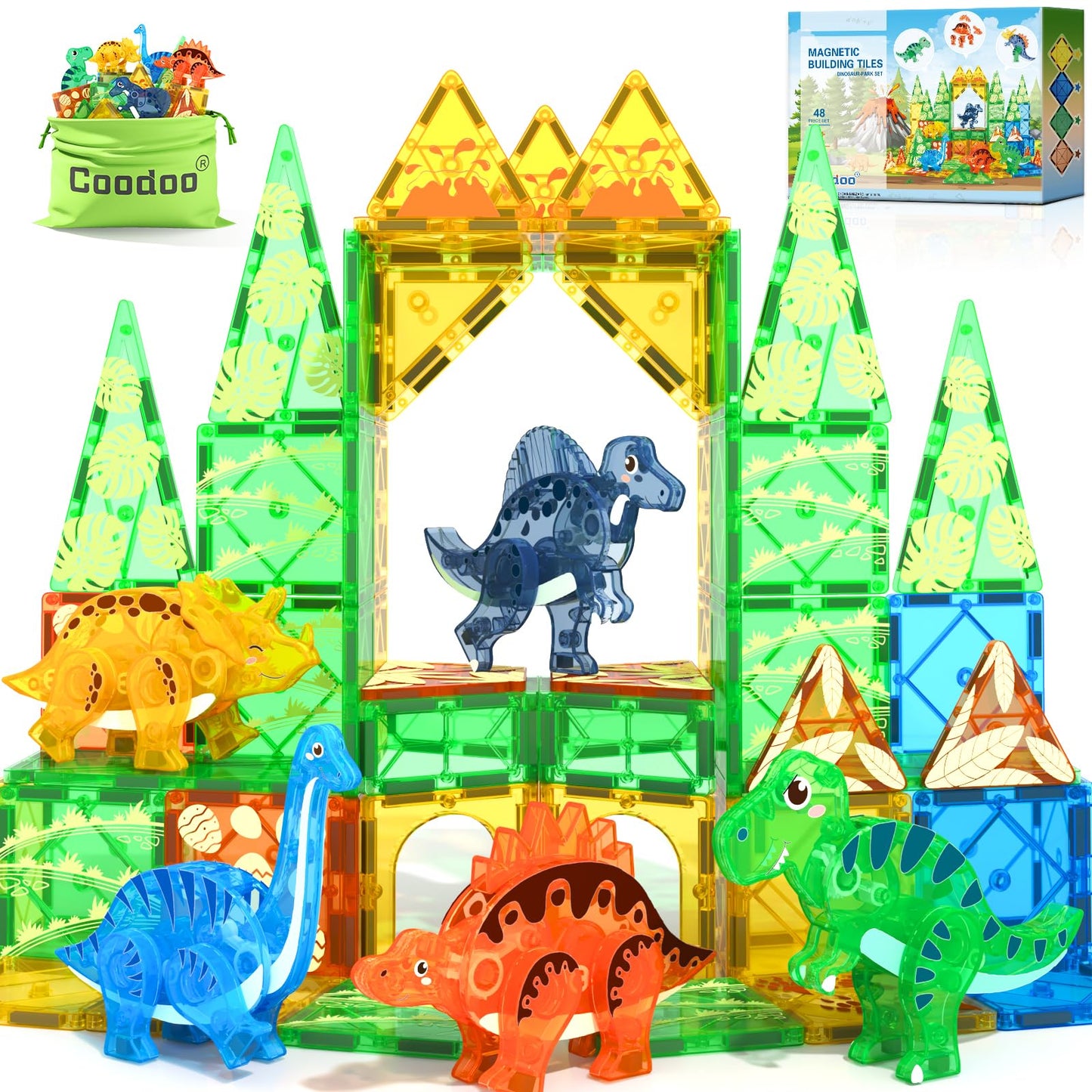 Coodoo Dinosaur Toys Magnetic Tiles 3D Movable Dinos Montessori Sensory Toys Christmas and Birthday gifts