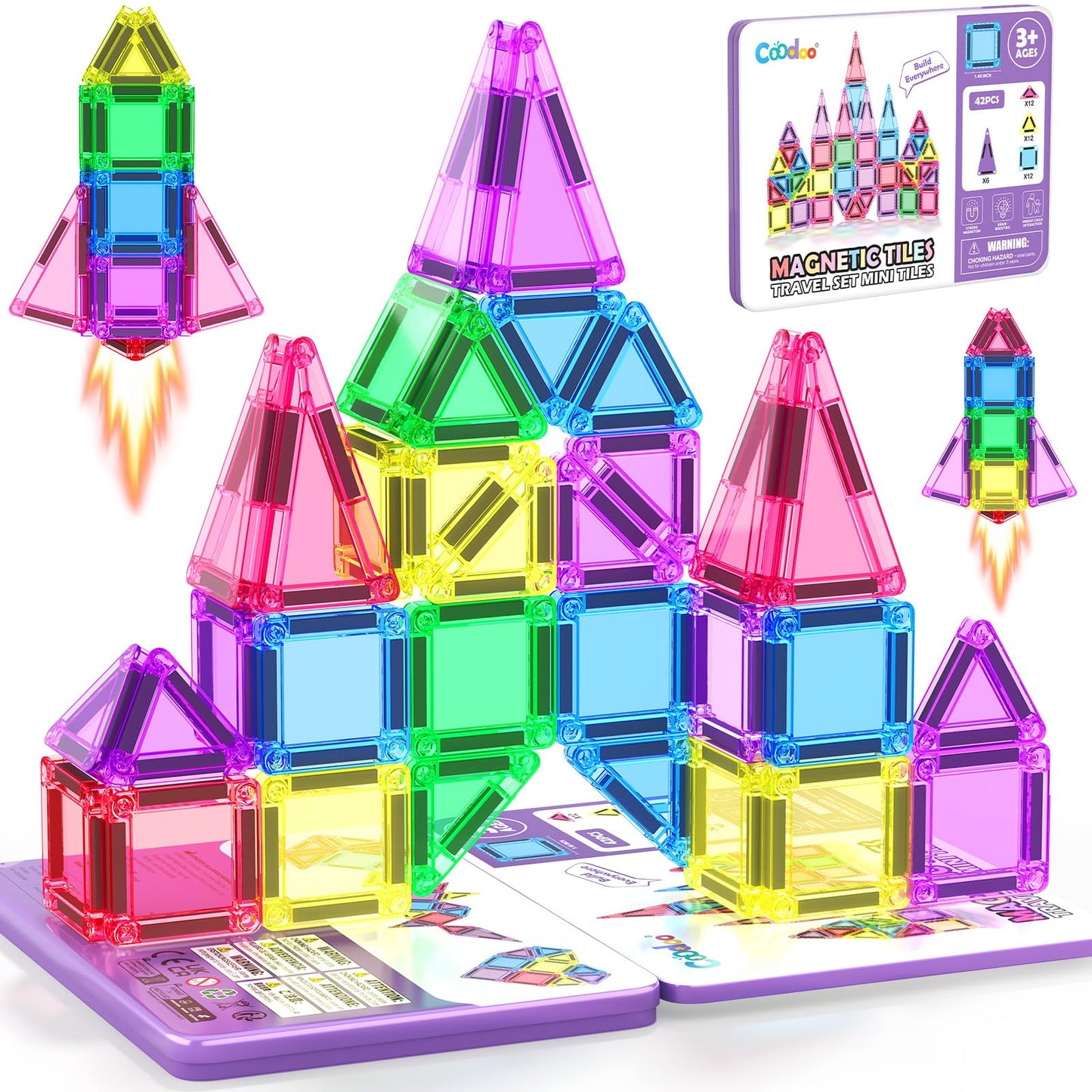 Coodoo Mini Magnetic Tiles Travel Set with Iron Box 42 PCS , Portable Magnet Building Blocks Stem Toy Gifts for Kids