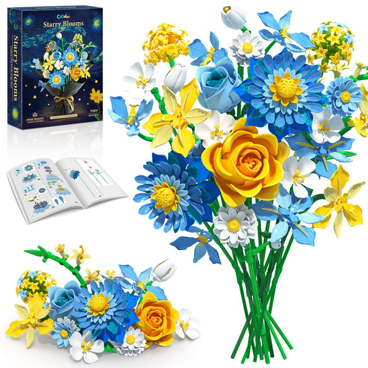 Coodoo Starry Blooms Flower Bouquet Building Set Dahlia & Rose Arrangement for Room & Home Decor, Creative Valentine's Day Gift