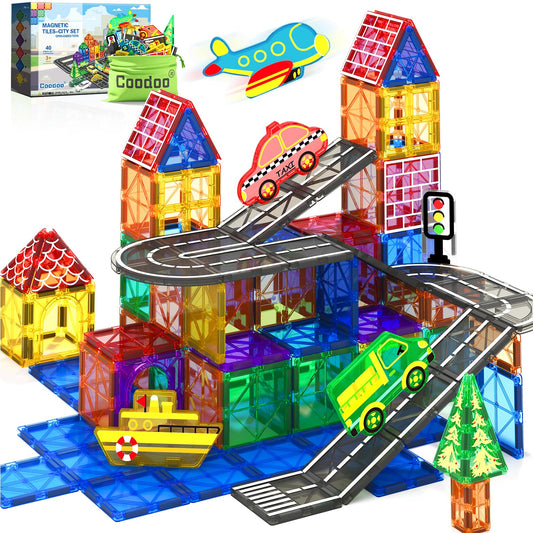 Coodoo Magnetic Tiles City Road Set 40 PCS Stem Construction Toyseducational Learning Toys for 4 Year Olds
