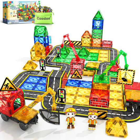 Coodoo 100 PCS Magnetic Tiles Road Set with 3 Cranes & 2 Cars - Magnetic Blocks City Construction Building Toys for 3+