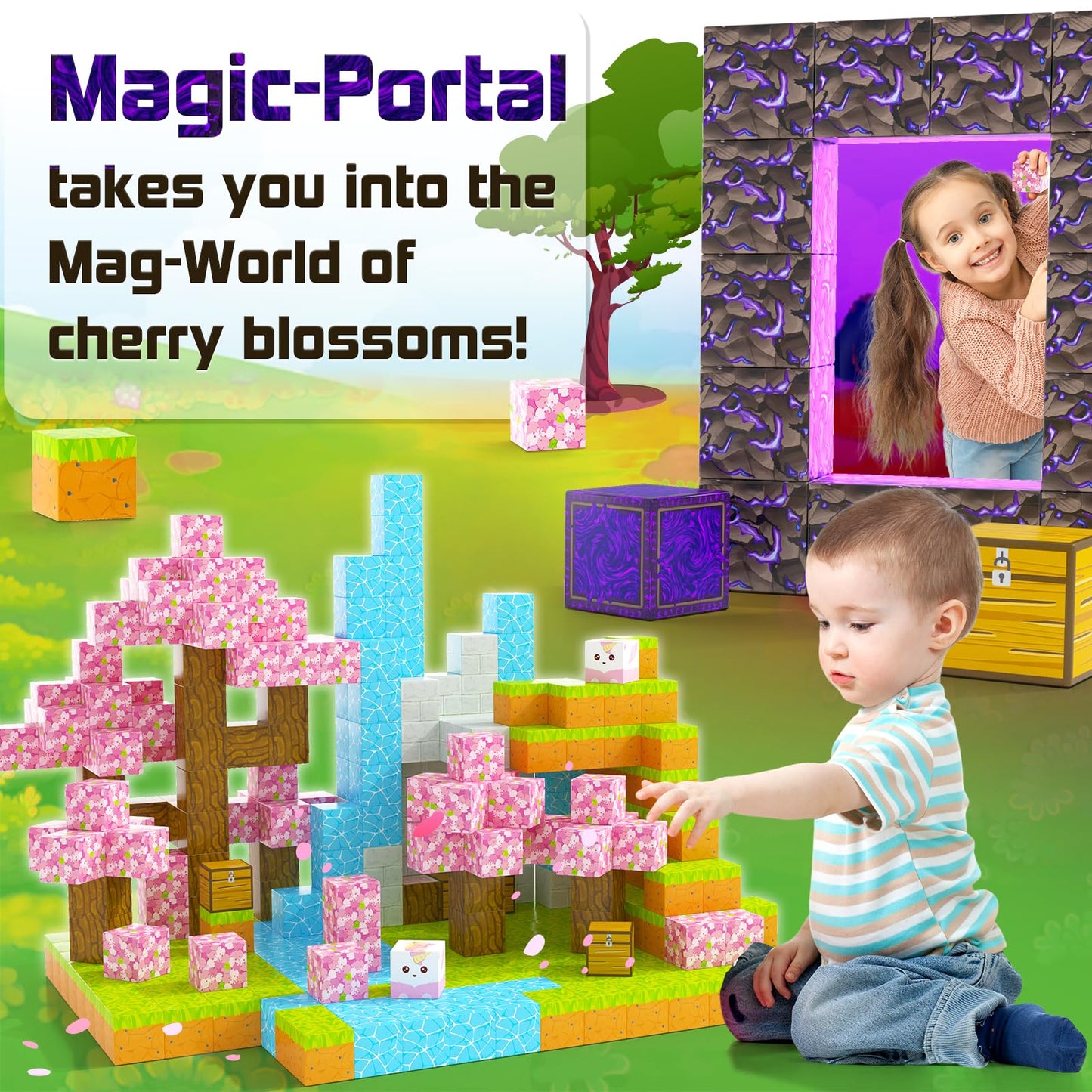 Coodoo 54 PCS Magnetic Blocks Cherry Blossom Set – STEM Building Toy for Kids 3+