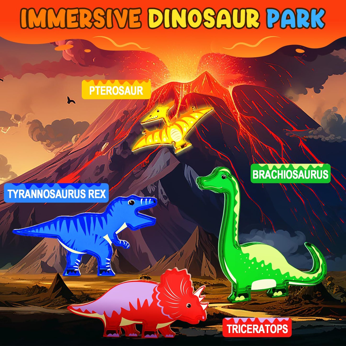Coodoo Magnetic Tiles Dinosaur Toys Lava World Set 48 PCS STEM Sensory Outdoor Toys for Toddlers