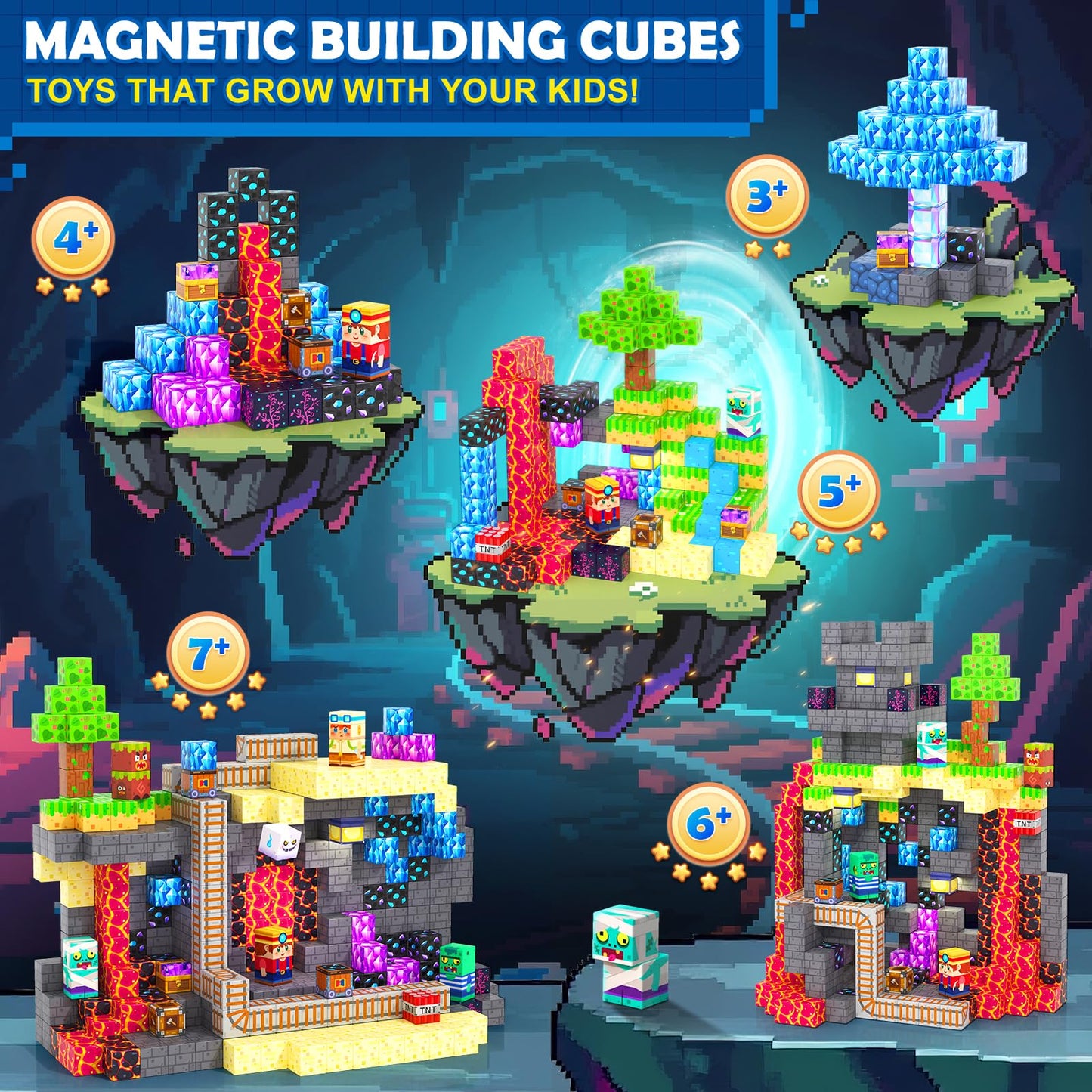 Coodoo 100 PCS Magnetic Blocks Rainforest Mine Adventure Toddler Montessori Toys Kids Sensory Games