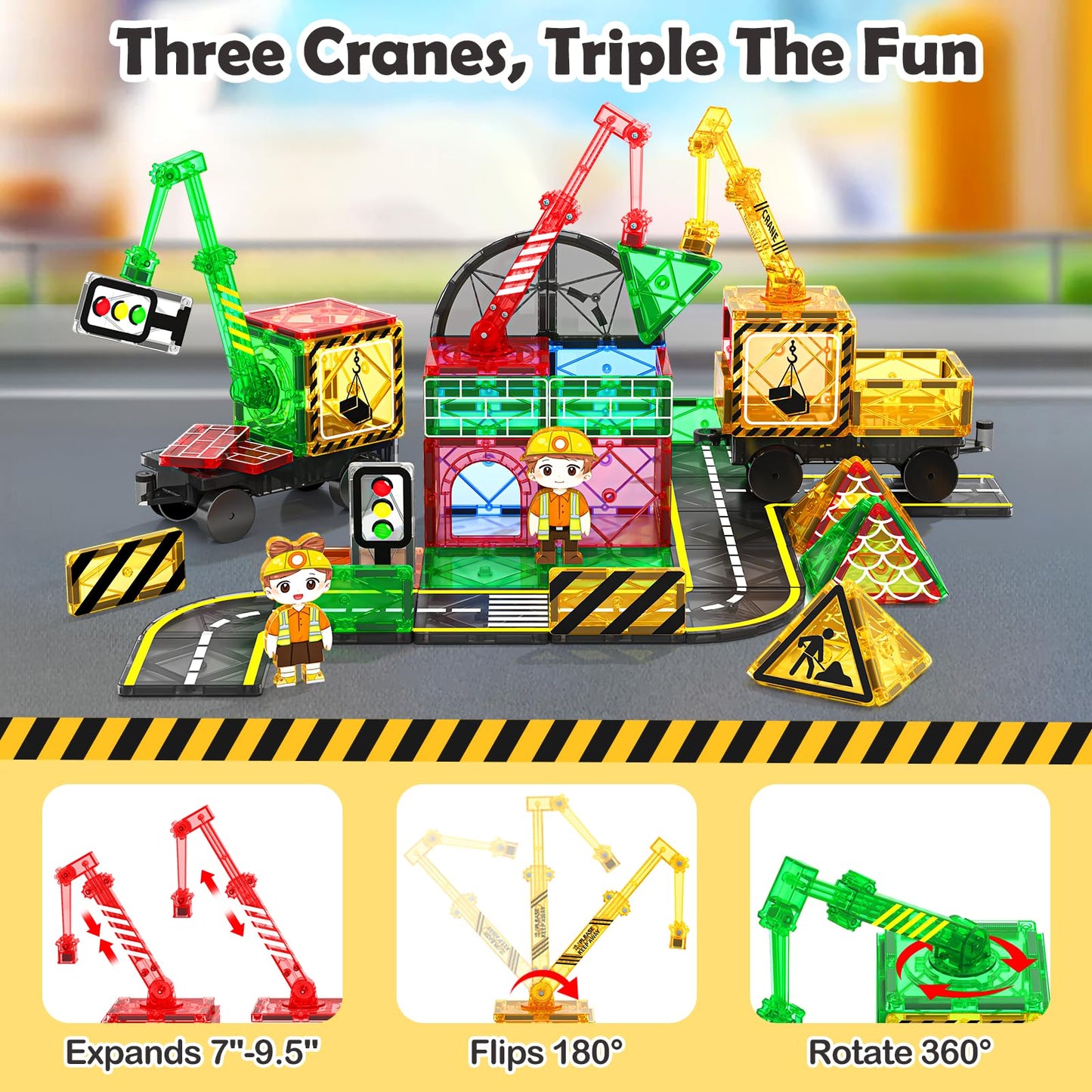 Coodoo 100 PCS Magnetic Tiles Road Set with 3 Cranes & 2 Cars - Magnetic Blocks City Construction Building Toys for 3+