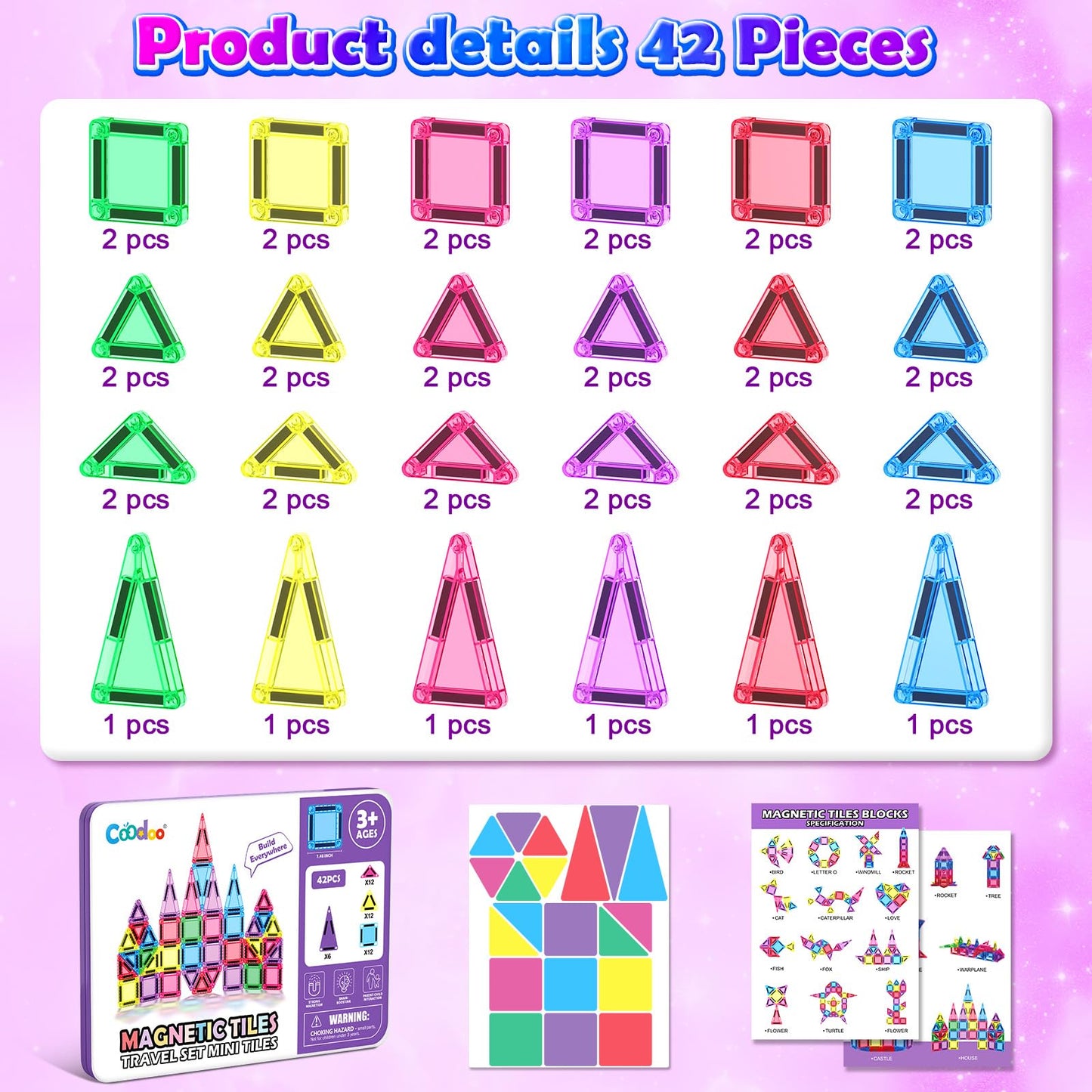 Coodoo Mini Magnetic Tiles Travel Set with Iron Box 42 PCS , Portable Magnet Building Blocks Stem Toy Gifts for Kids