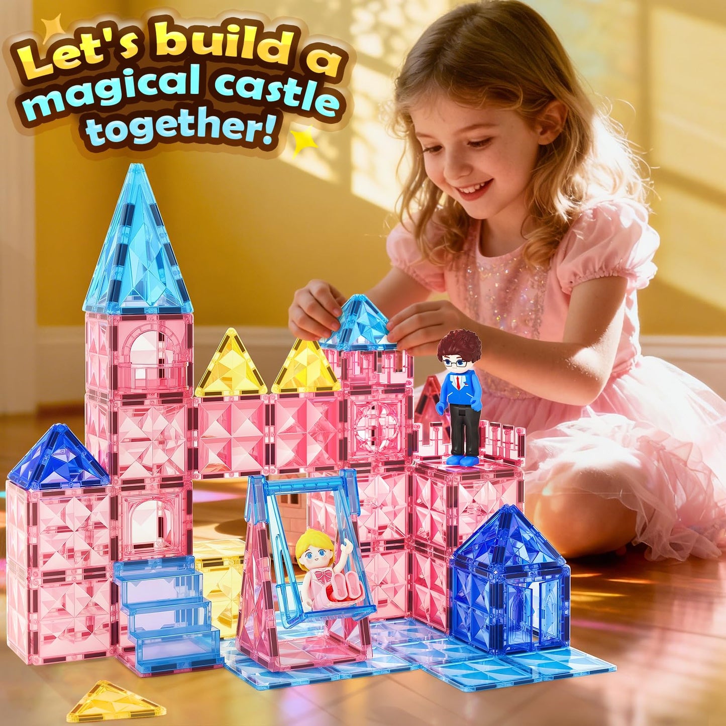 Coodoo Diamond Magnetic Tiles Magnetic Building Blocks 60 PCS STEM Sensory Toy for Boys Girls Pink Castle Dollhouse Pretend Princess Toys