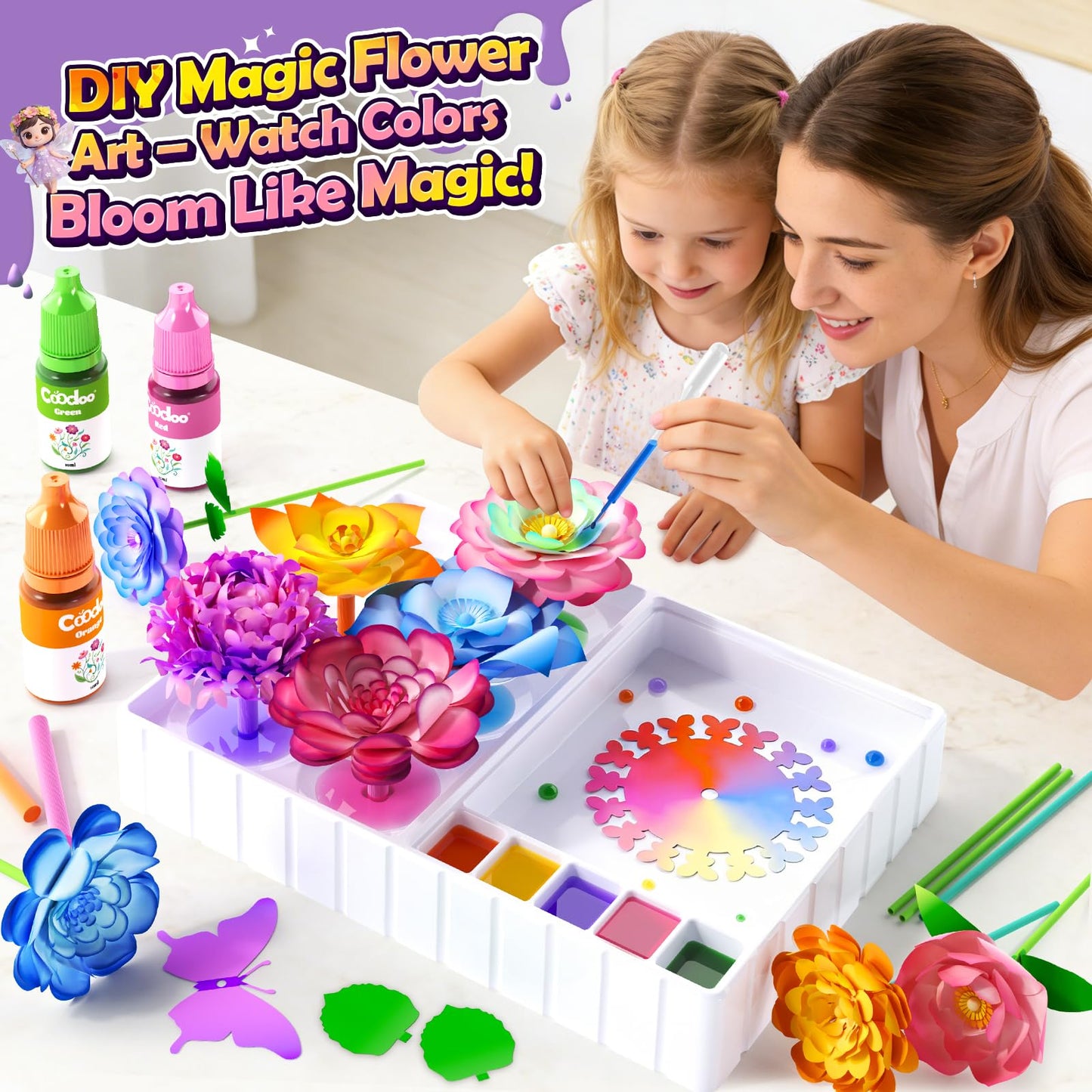 Coodoo DIY Flower Craft Kits, Magic Dyeing Florist Bouquet Maker Art Supplies Arts and Crafts Stem Toys for 3-5 Year Olds