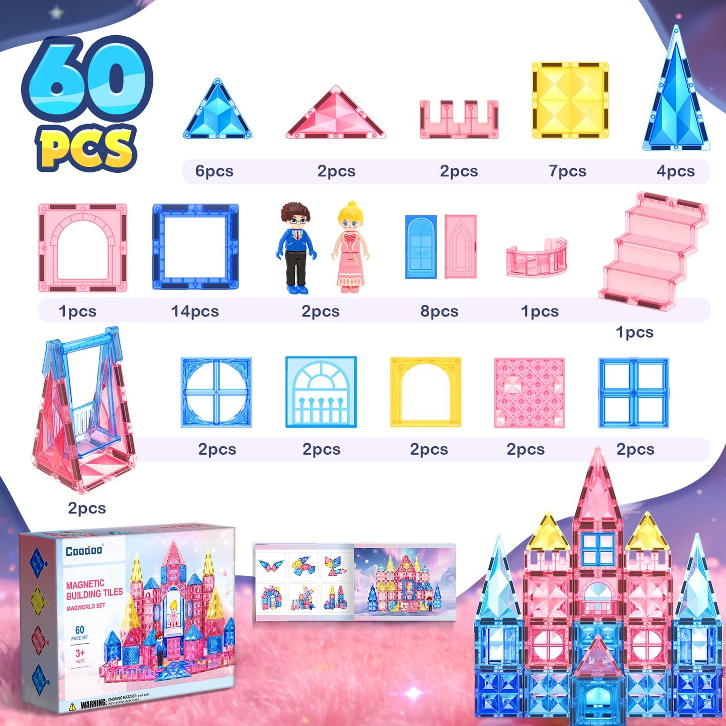 Coodoo Diamond Magnetic Tiles Magnetic Building Blocks 60 PCS STEM Sensory Toy for Boys Girls Pink Castle Dollhouse Pretend Princess Toys