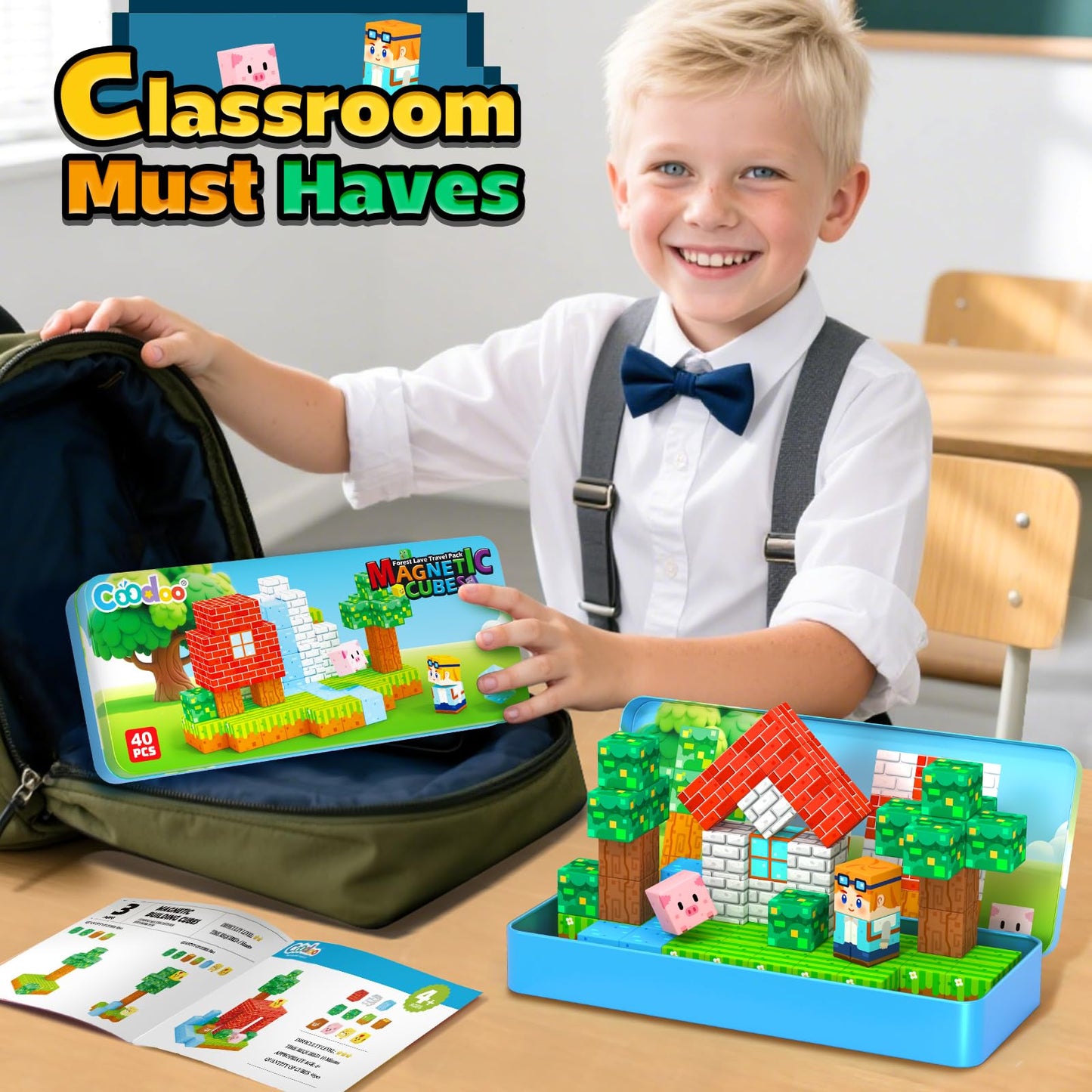 Coodoo Magnetic Blocks Travel Toys with Portable Metal Tin 40 PCS Forest Castle Set Holiday Gifts for Kids