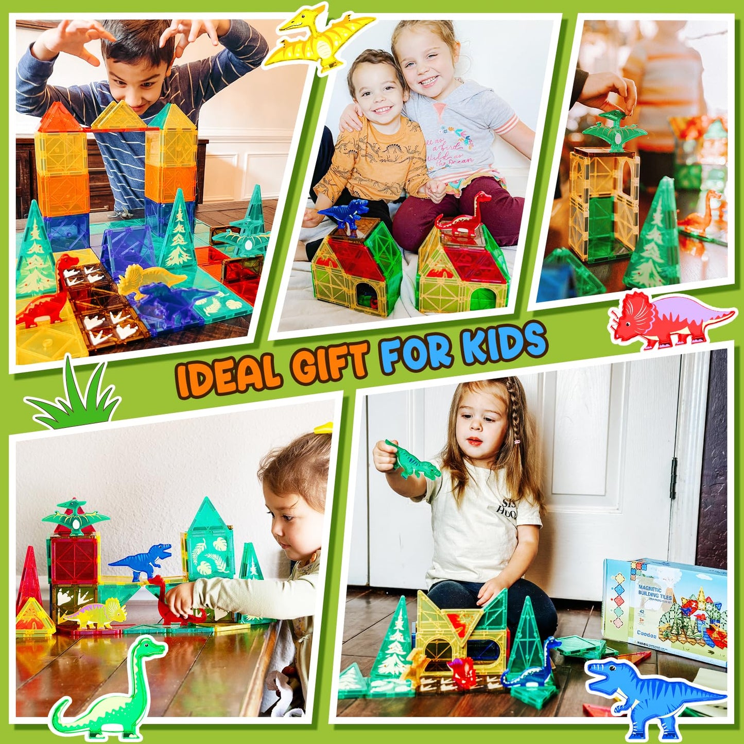 Coodoo Magnetic Tiles Dinosaur Toys Lava World Set 48 PCS STEM Sensory Outdoor Toys for Toddlers