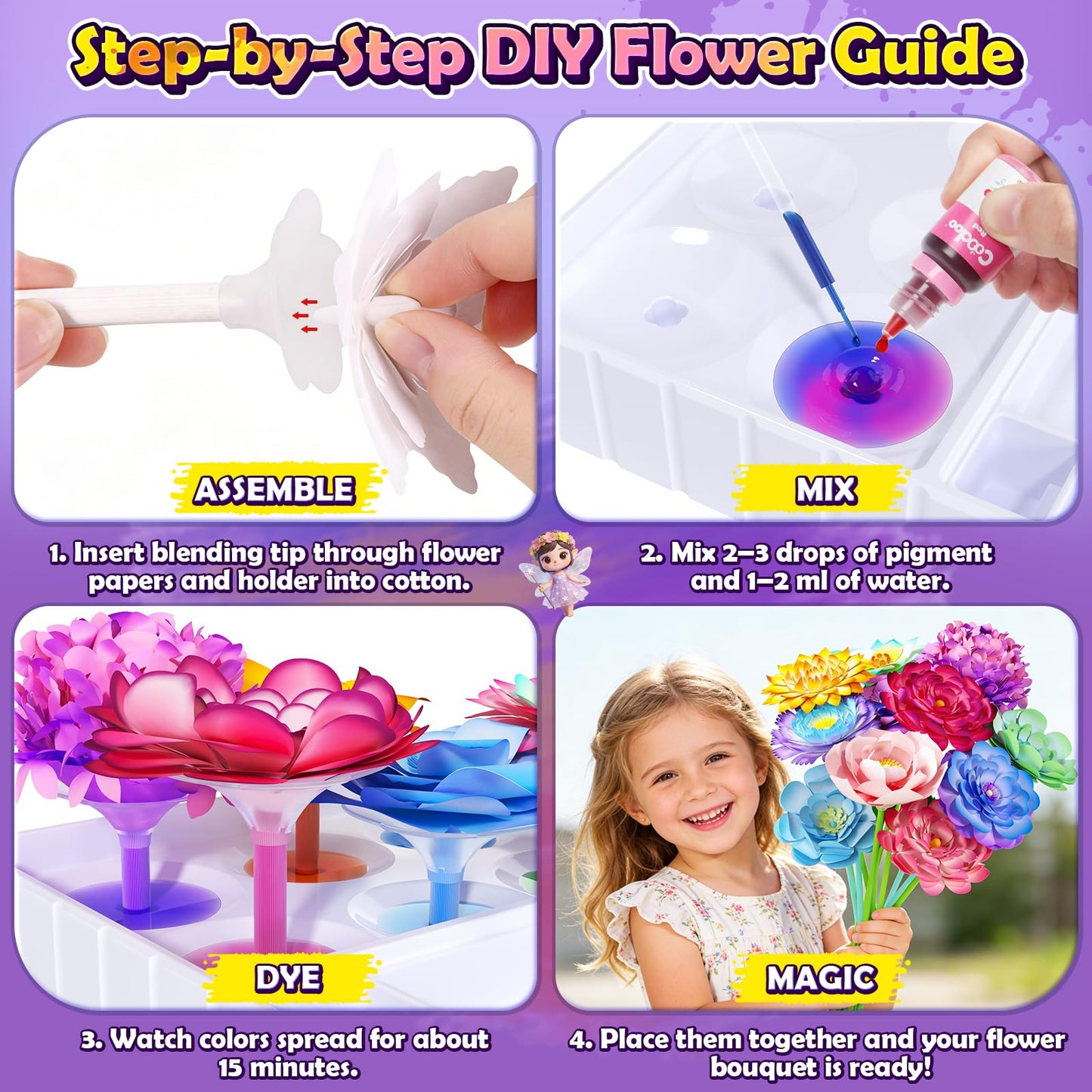 Coodoo DIY Flower Craft Kits, Magic Dyeing Florist Bouquet Maker Art Supplies Arts and Crafts Stem Toys for 3-5 Year Olds