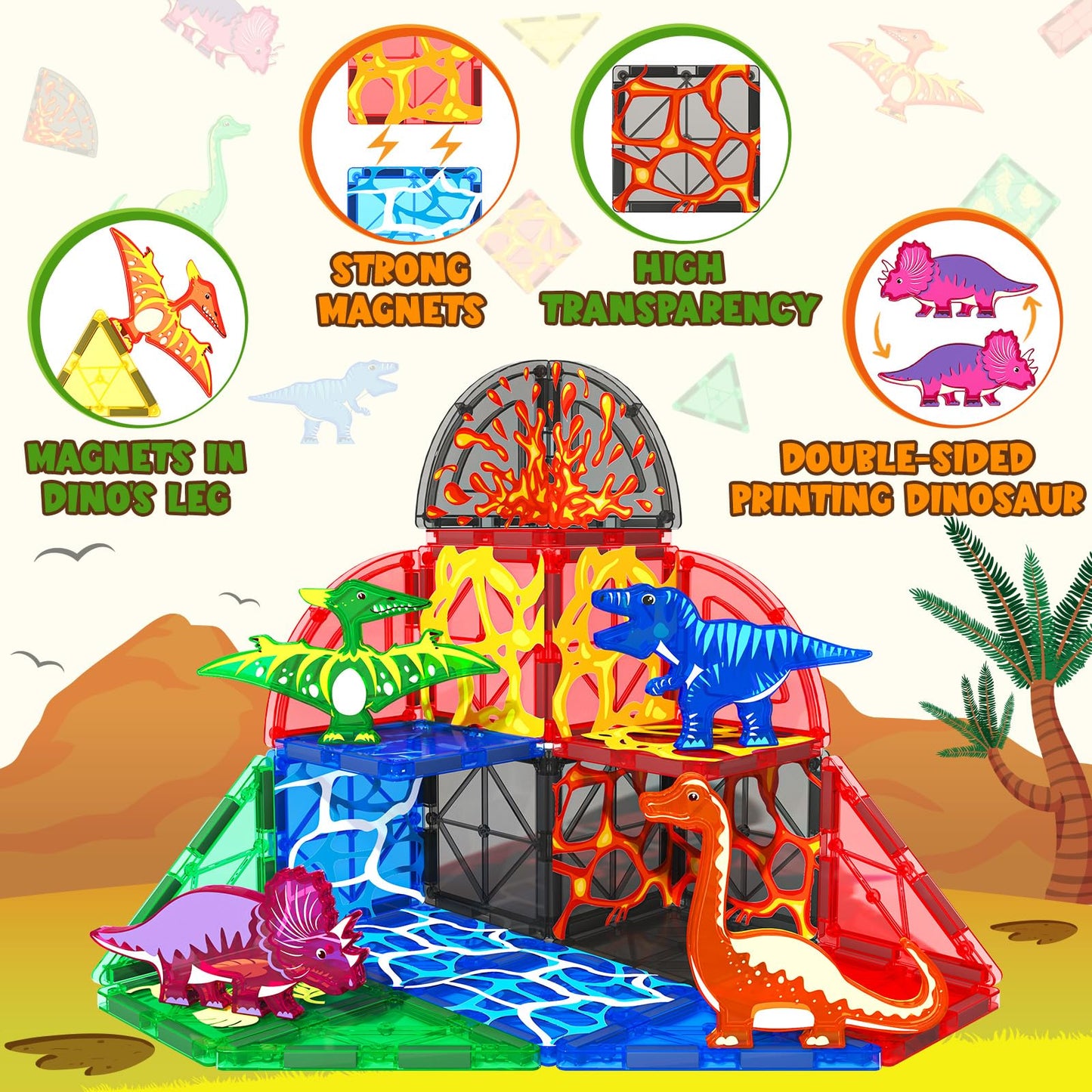 Coodoo Magnetic Tiles Dinosaur Toys Lava World Set 42 PCS Classroom Must Haves