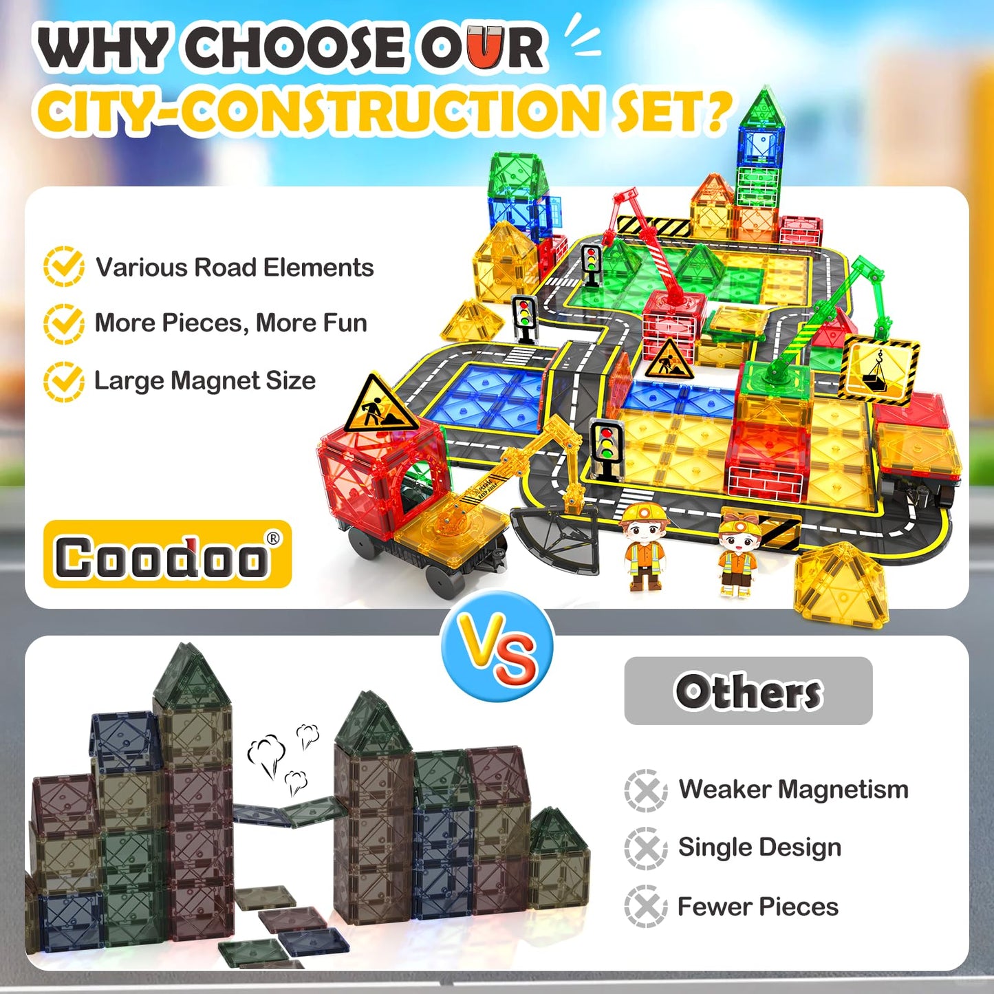 Coodoo 100 PCS Magnetic Tiles Road Set with 3 Cranes & 2 Cars - Magnetic Blocks City Construction Building Toys for 3+