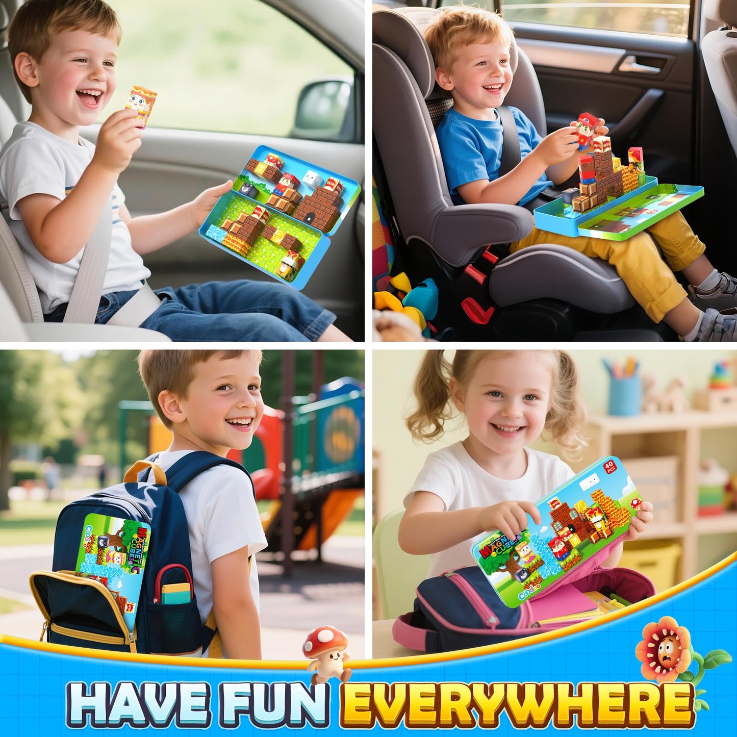 Coodoo Magnetic Blocks Travel Toys with Portable Metal Tin 40 PCS STEM Learning & Sensory Fun