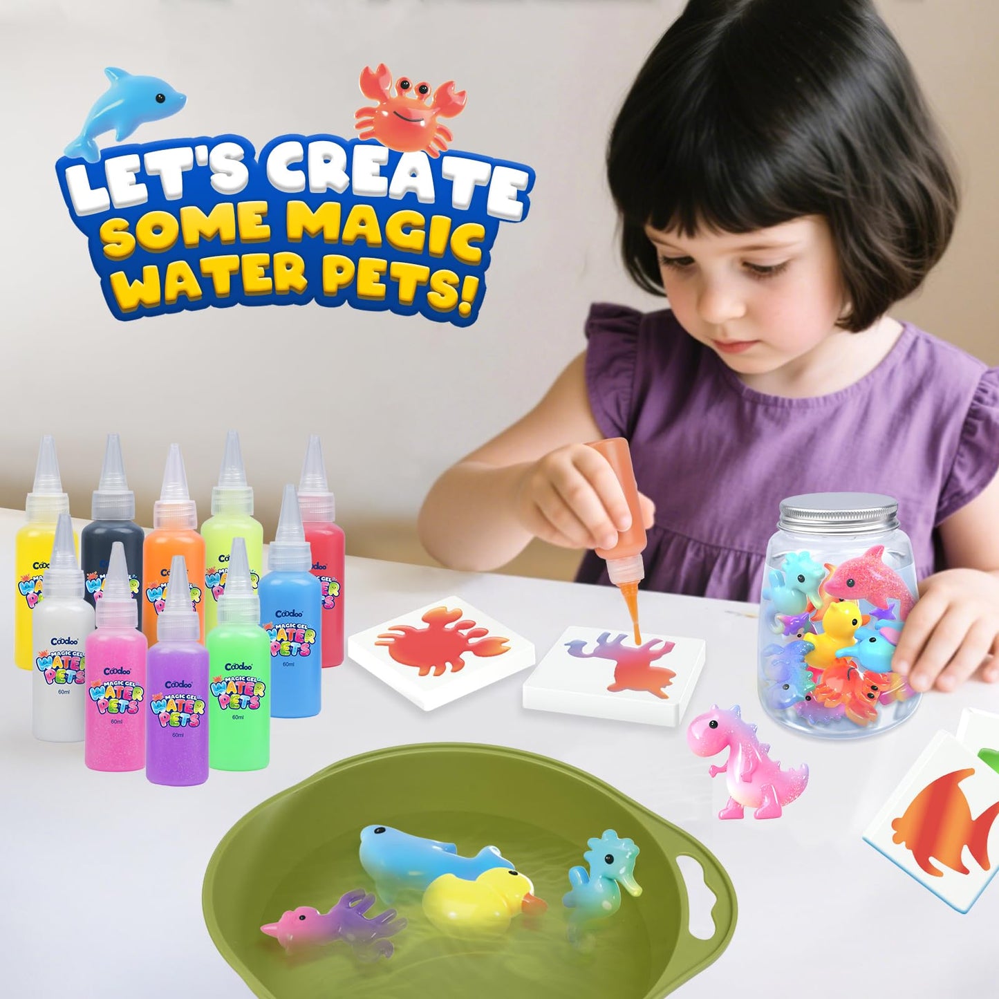 Coodoo Magic Water Elf Toy Craft Kits for Kids, DIY Your Own Aqua Fairy Water Pets & Squishy Maker Toys with 10 Magic Gels and 8 Molds