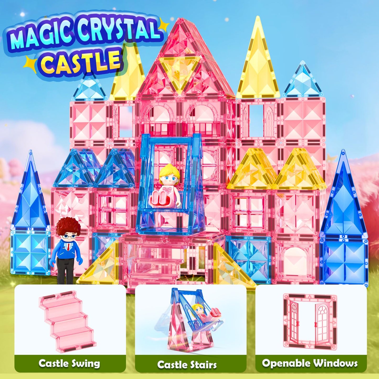 Coodoo Diamond Magnetic Tiles Magnetic Building Blocks 60 PCS STEM Sensory Toy for Boys Girls Pink Castle Dollhouse Pretend Princess Toys